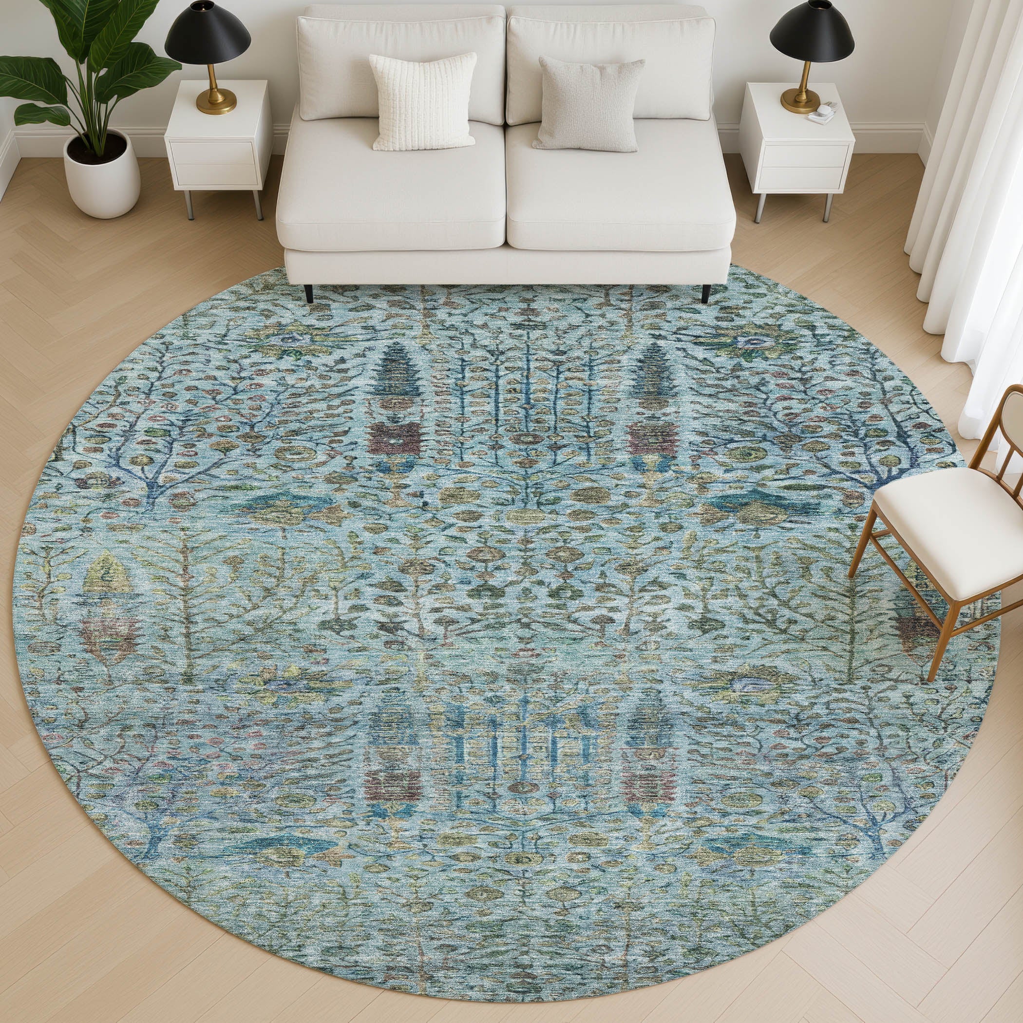 Antigua Machine Washable Transitional Teal Rug 8' x 8' #shape_Round