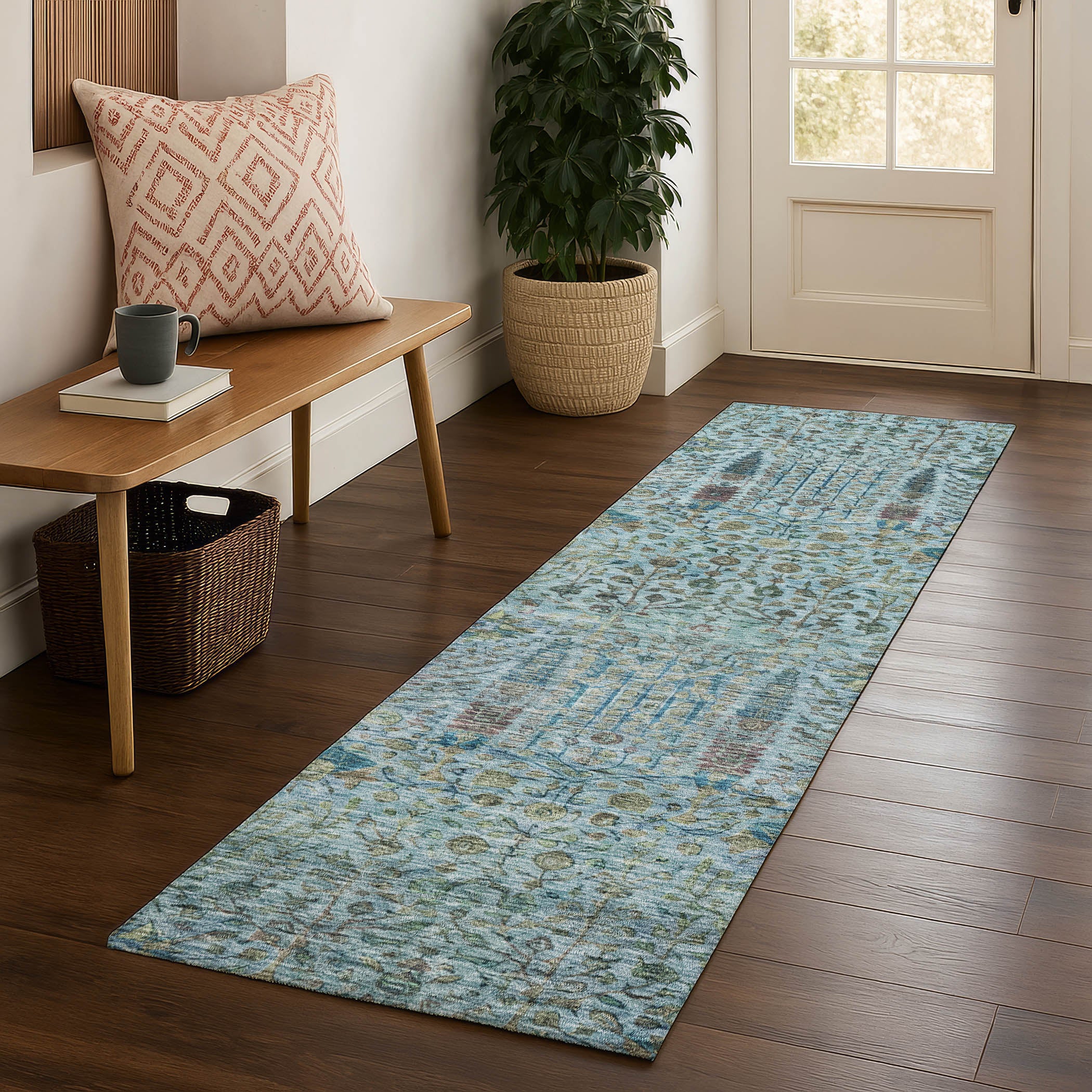 Antigua Machine Washable Transitional Teal Rug 2'3" x 7'6" #shape_Runner