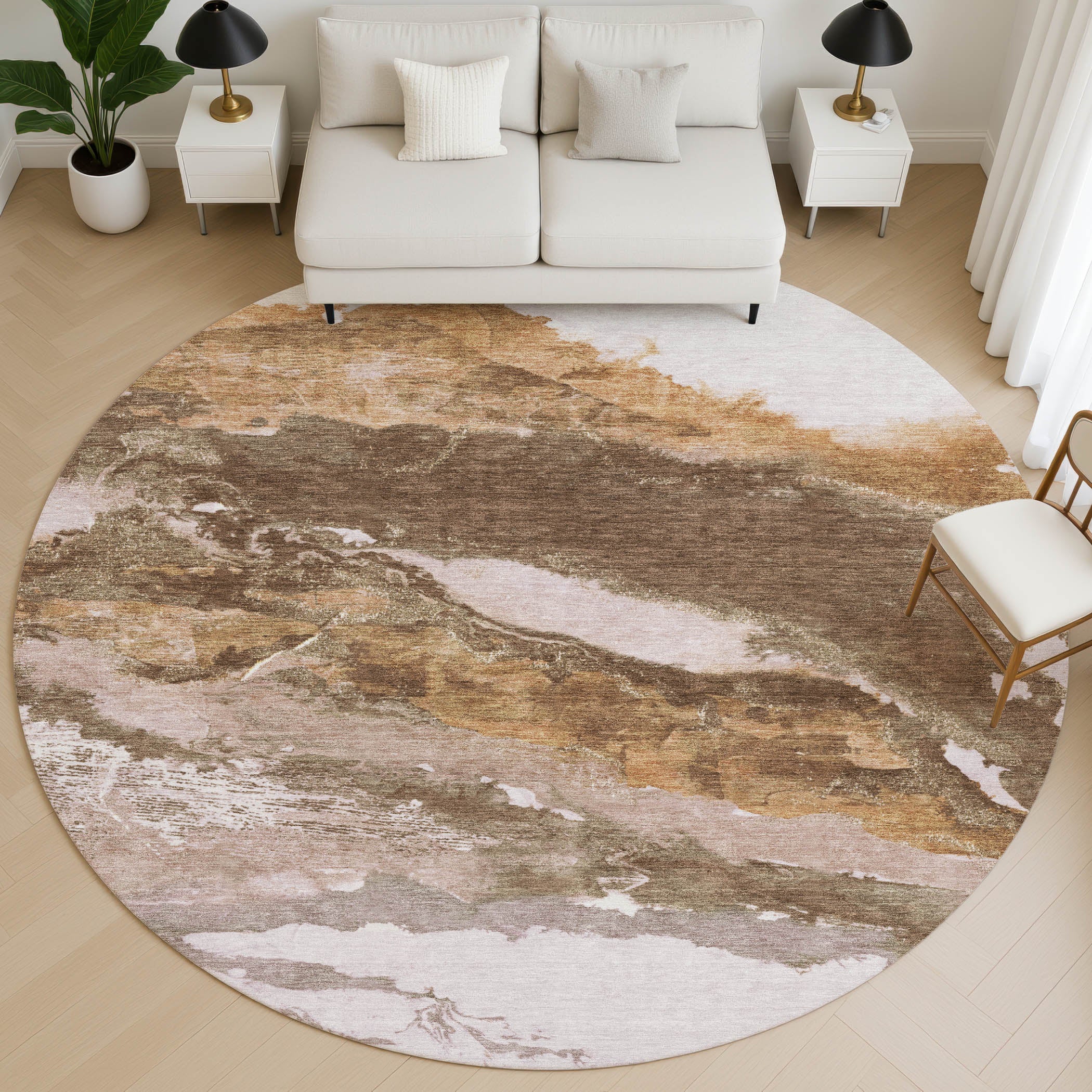 Queenstown Machine Washable Transitional Brown Rug 8' x 8' #shape_Round