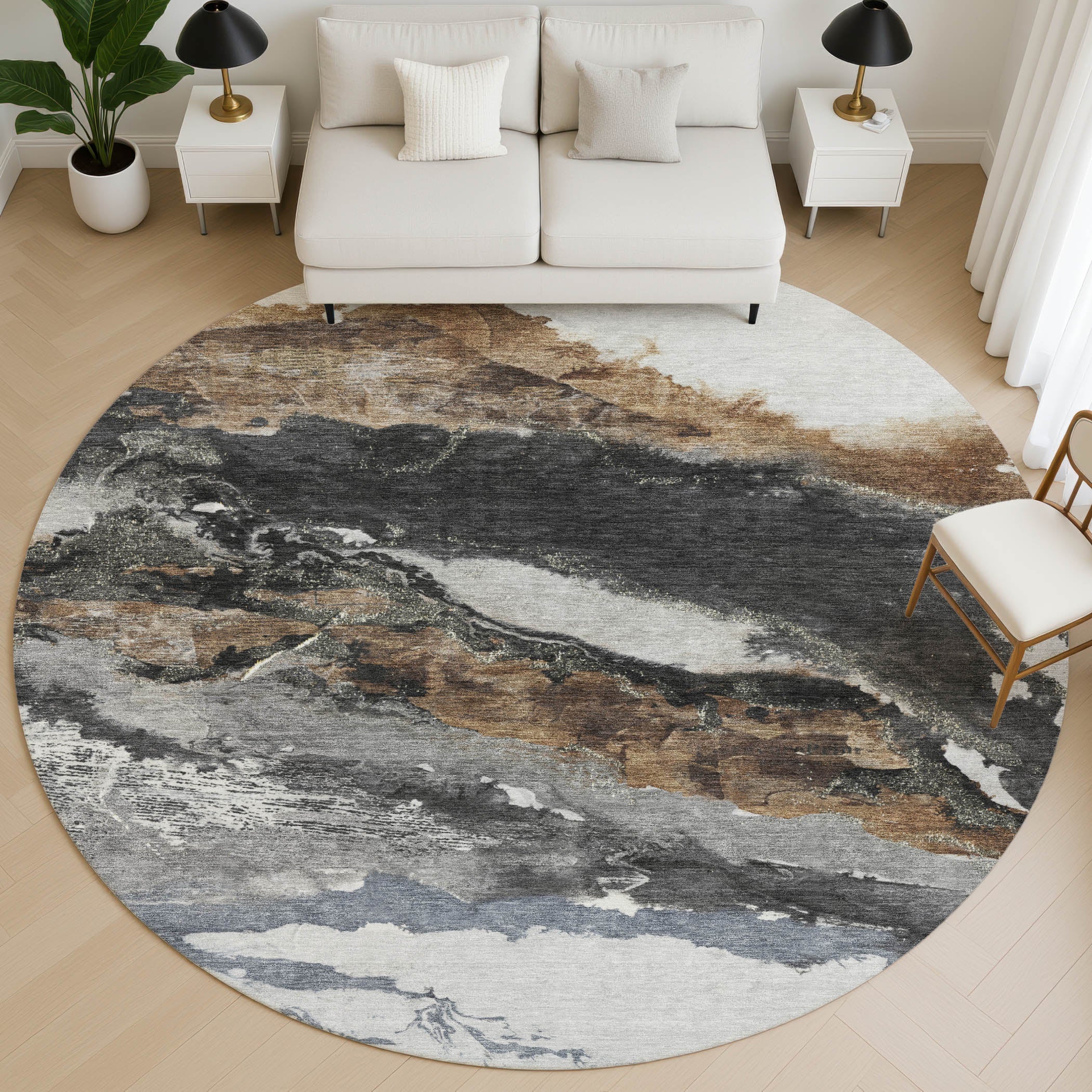 Queenstown Machine Washable Transitional Gray Rug 8' x 8' #shape_Round