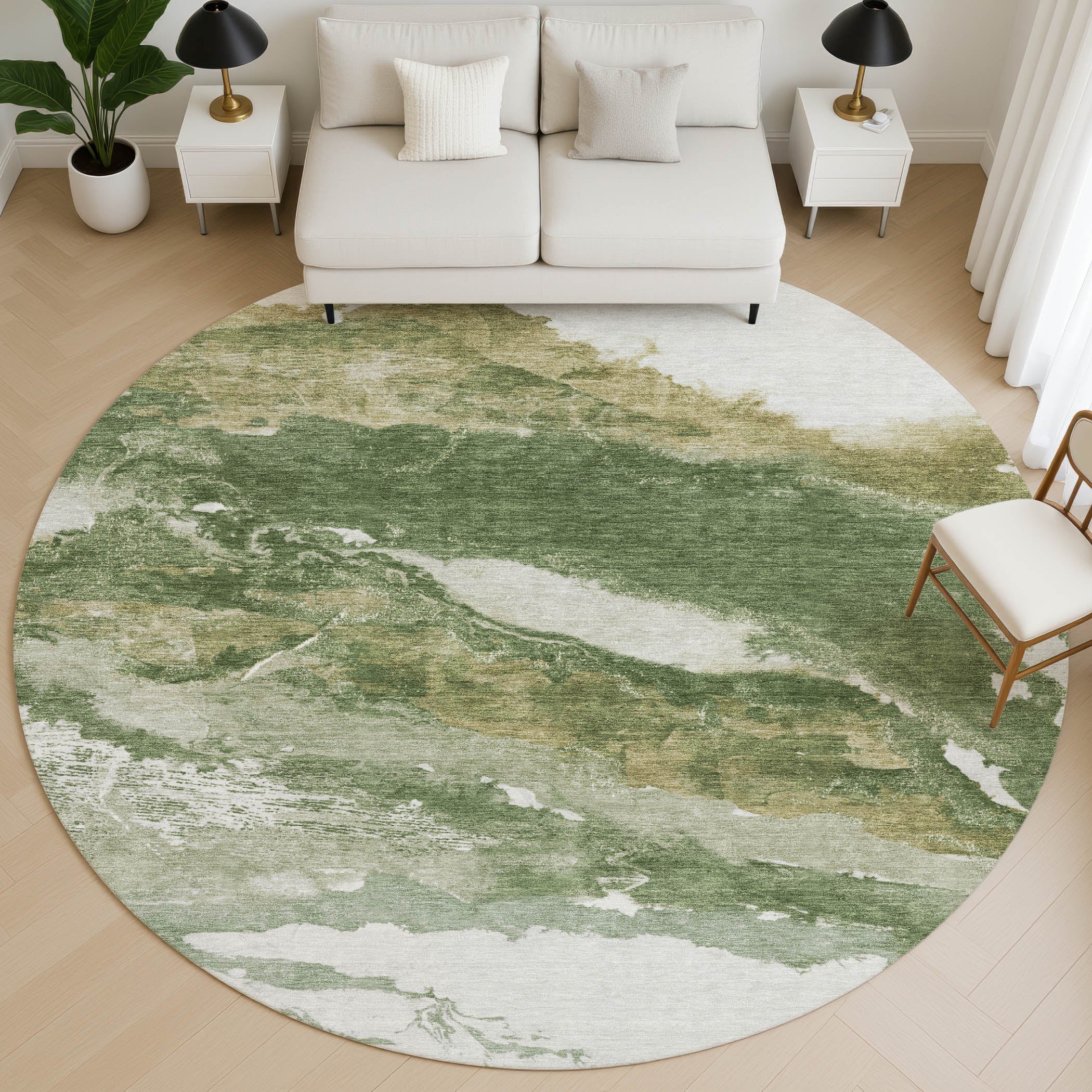 Queenstown Machine Washable Transitional Green Rug 8' x 8' #shape_Round