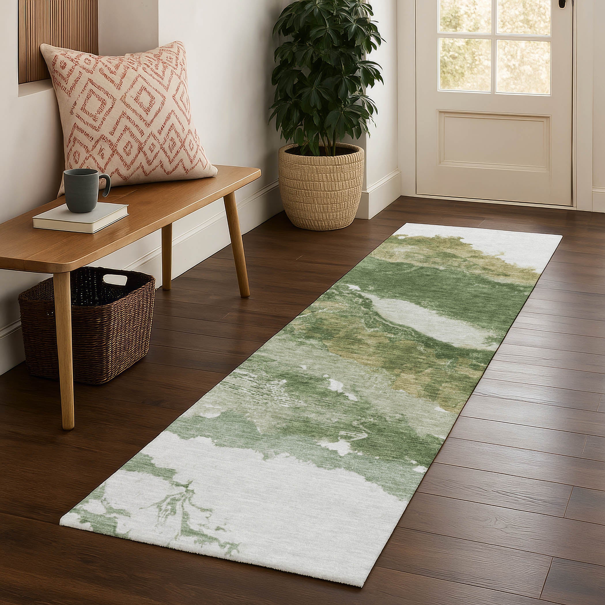 Queenstown Machine Washable Transitional Green Rug 2'3" x 7'6" #shape_Runner