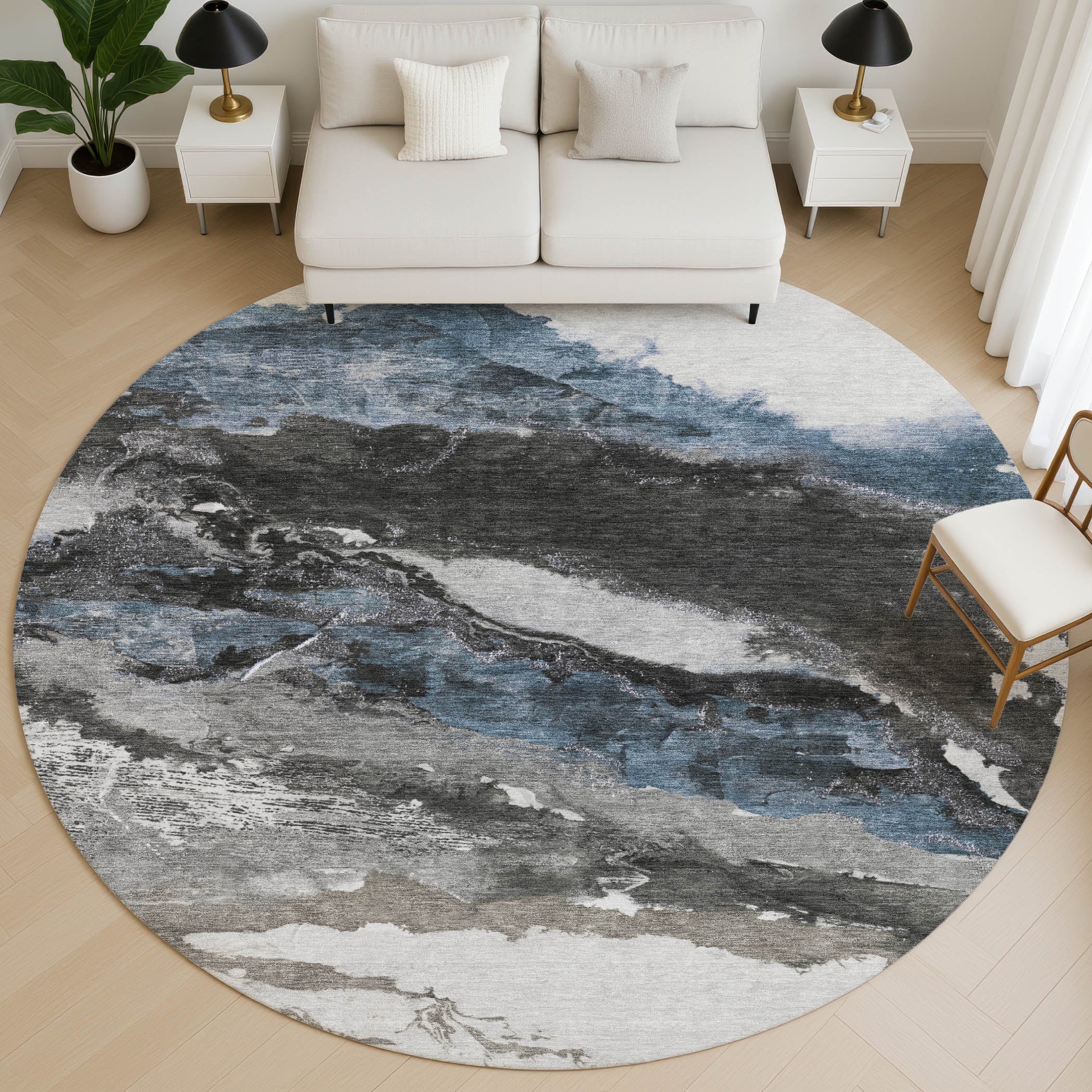 Queenstown Machine Washable Transitional Pewter Gray Rug 8' x 8' #shape_Round