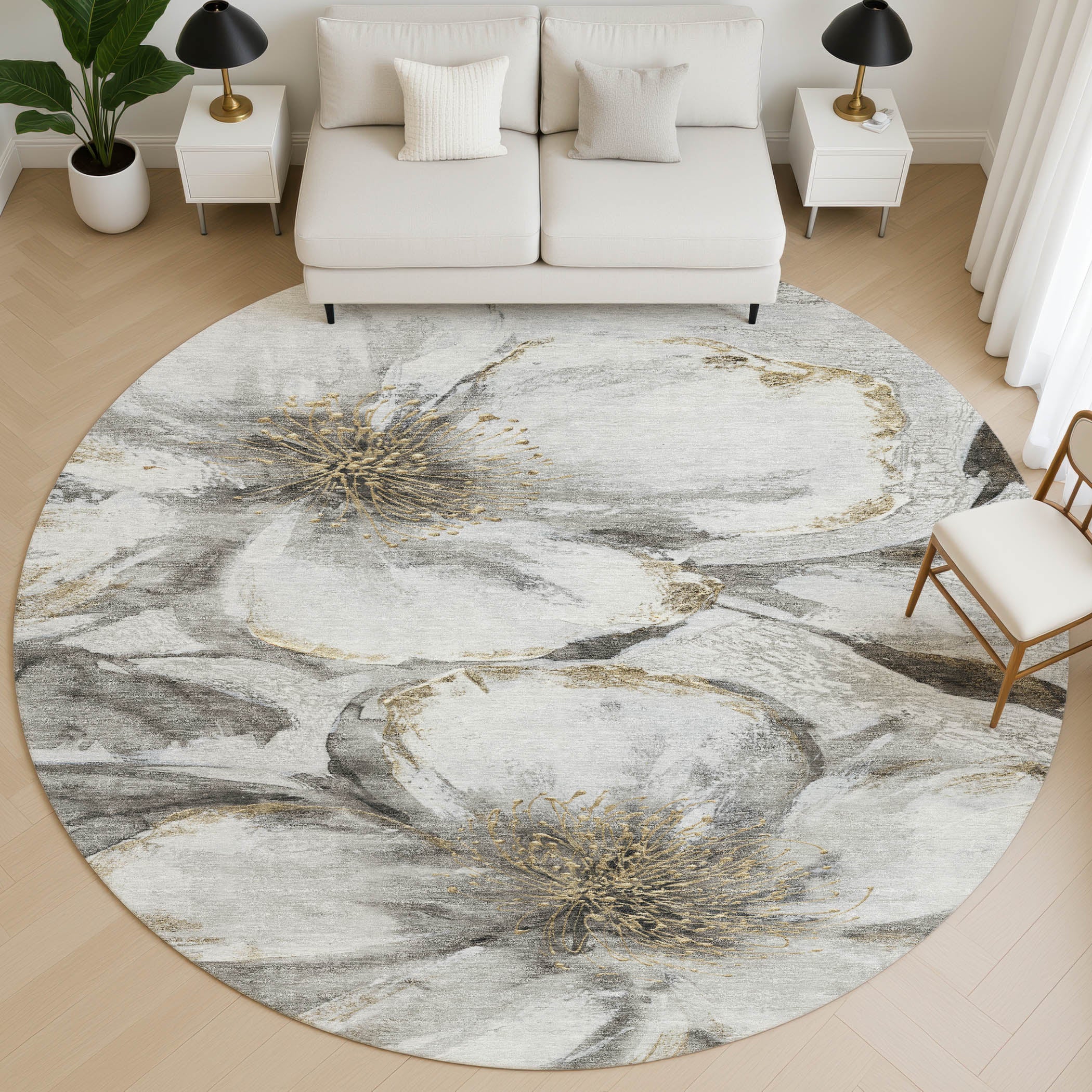 Baku Machine Washable Transitional Silver Gray Rug 8' x 8' #shape_Round