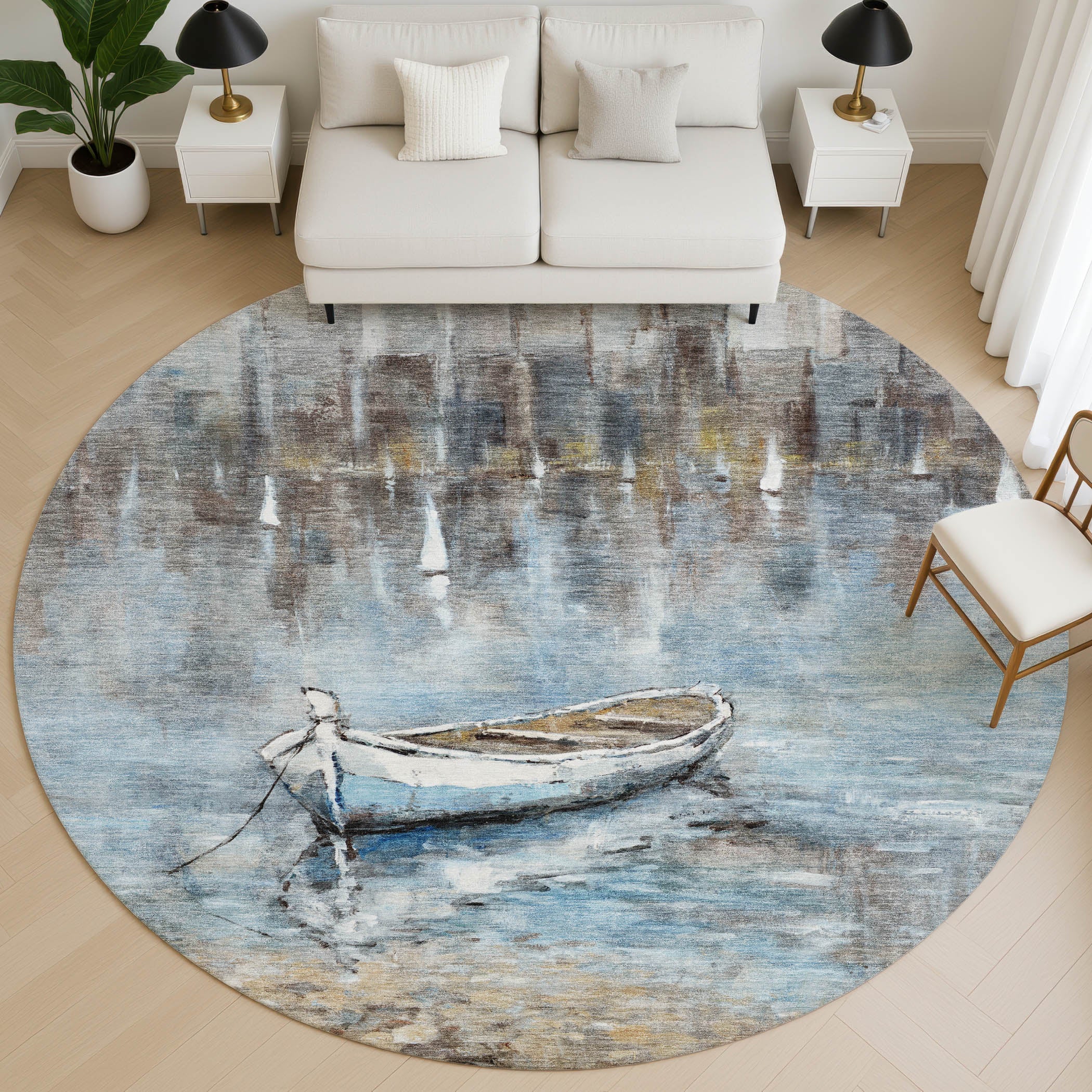 Athens Machine Washable Transitional Blue Rug 8' x 8' #shape_Round