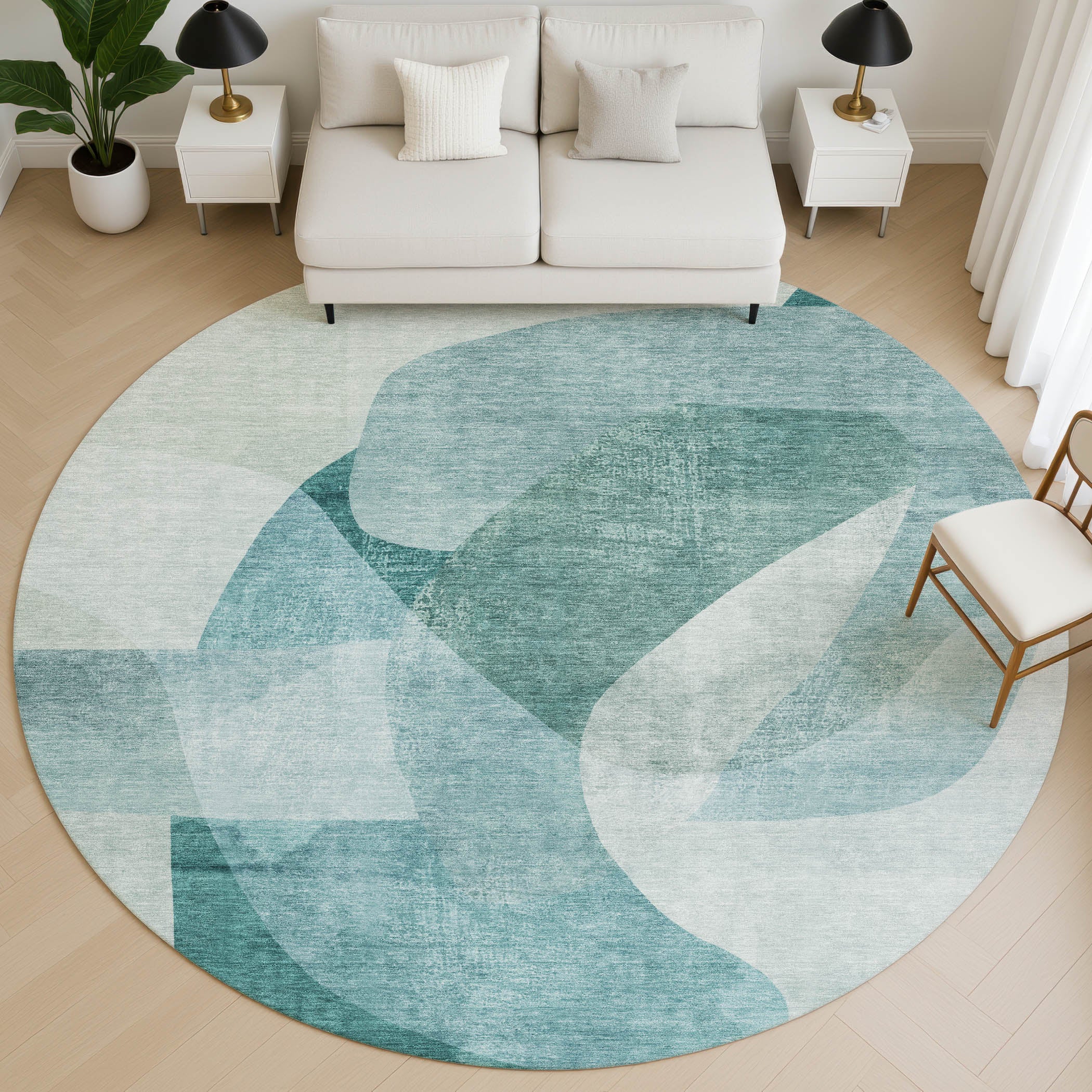 Valletta Machine Washable Transitional Teal Rug 8' x 8' #shape_Round