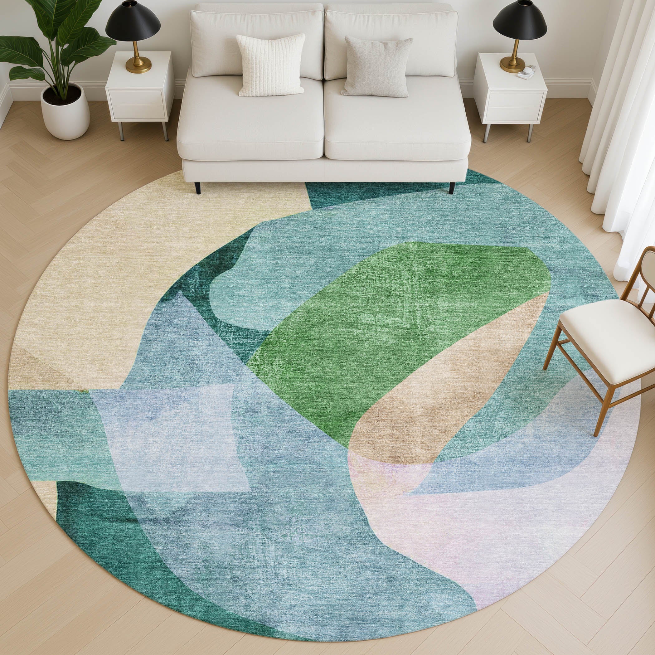 Antigua Machine Washable Transitional Green Rug 8' x 8' #shape_Round