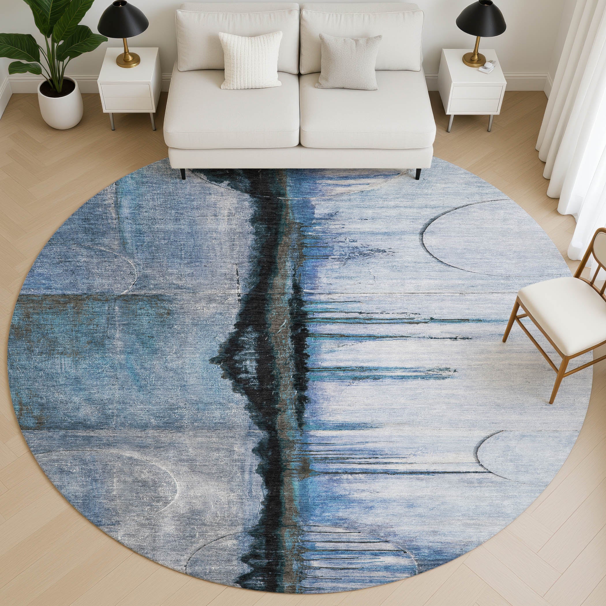 Rome Machine Washable Transitional Blue Rug 8' x 8' #shape_Round