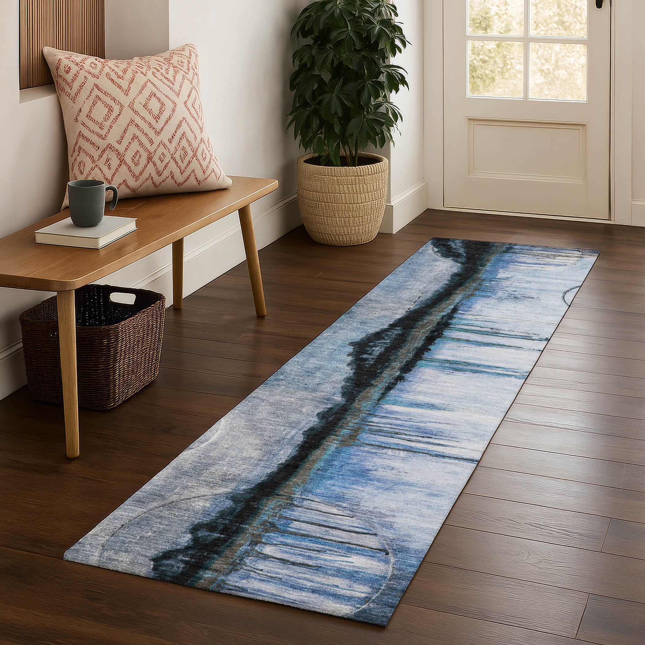 Rome Machine Washable Transitional Blue Rug 2'3" x 7'6" #shape_Runner