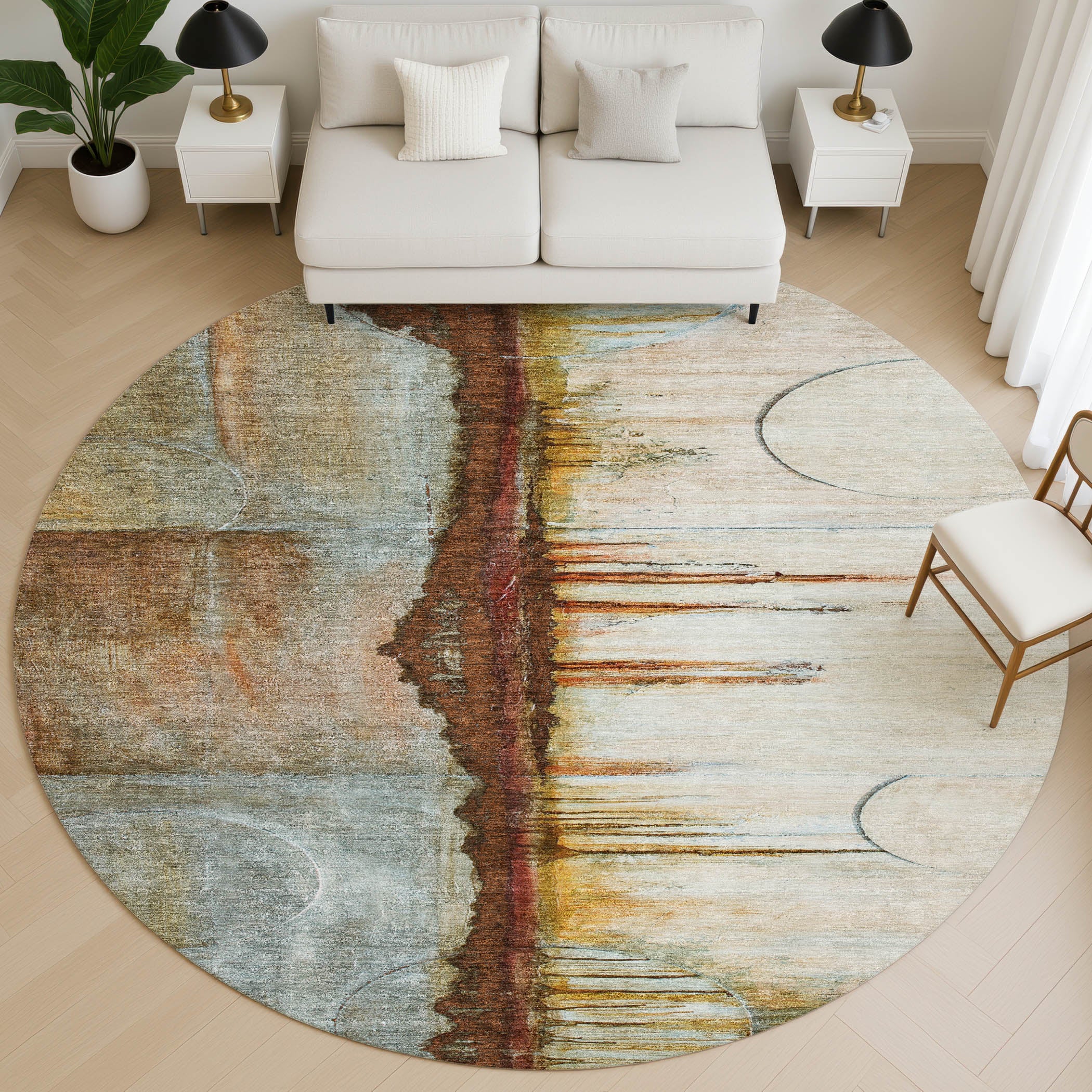 Rome Machine Washable Transitional Rust Orange Rug 8' x 8' #shape_Round
