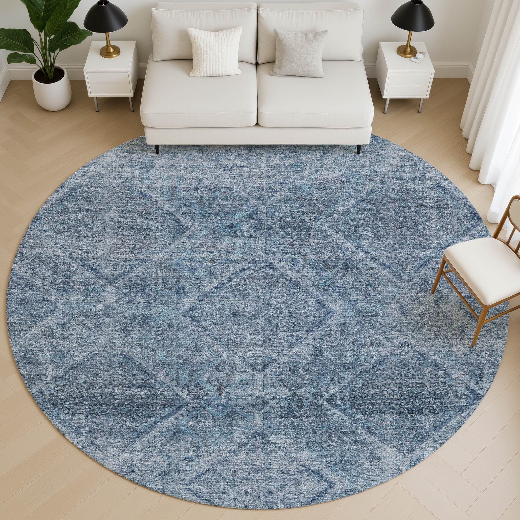 Vienna Machine Washable Transitional Blue Rug 8' x 8' #shape_Round