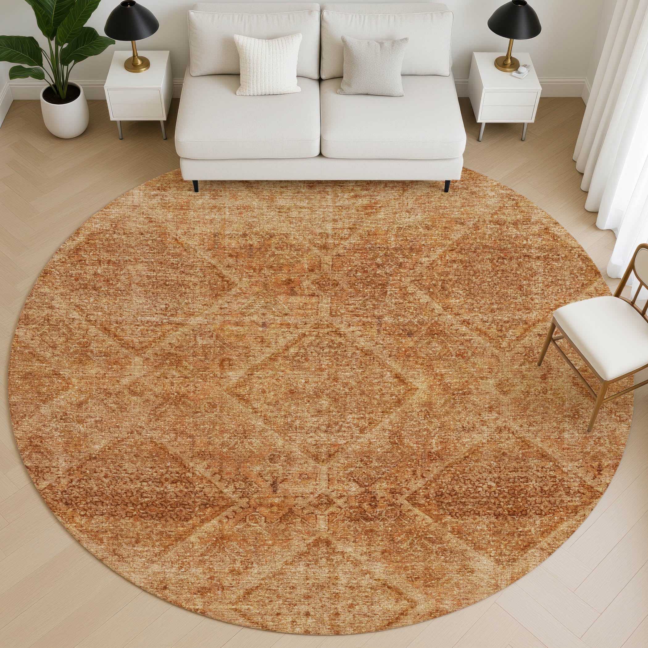 Vienna Machine Washable Transitional Copper Orange Rug 8' x 8' #shape_Round