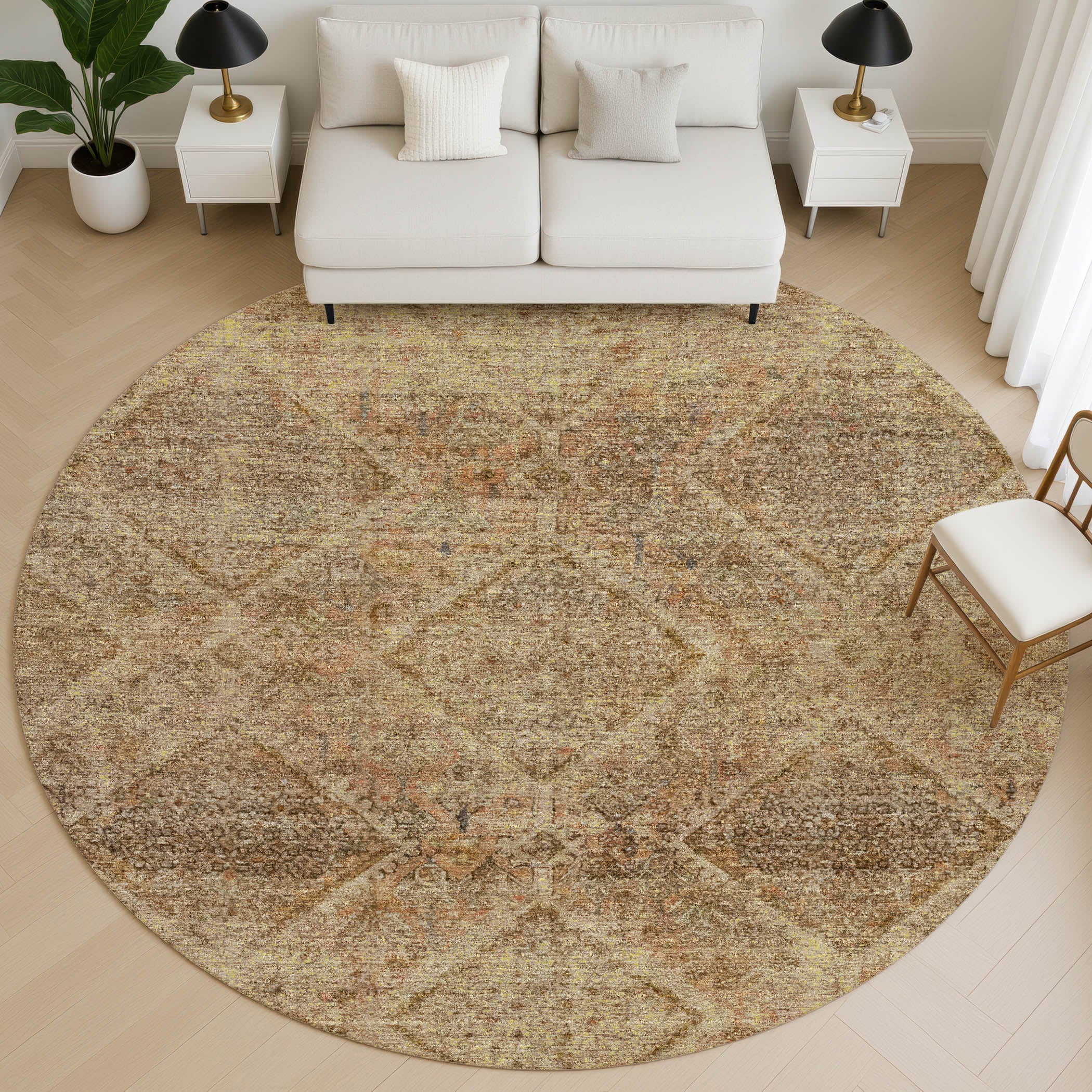 Vienna Machine Washable Transitional Khaki Brown Rug 8' x 8' #shape_Round