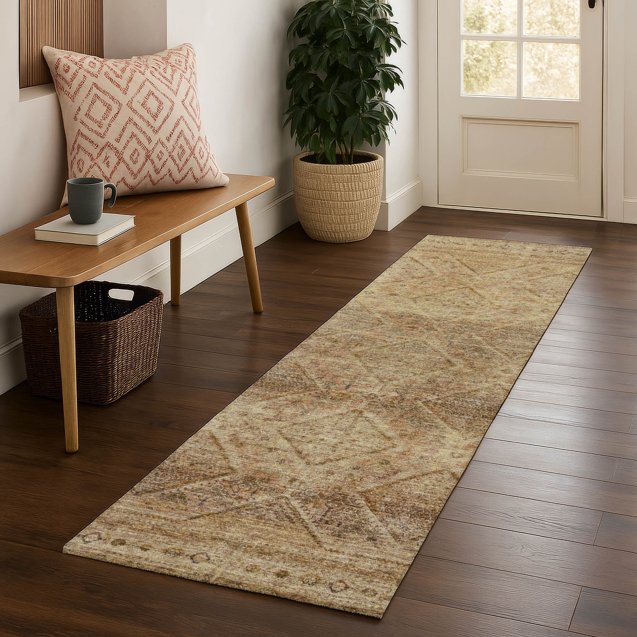 Vienna Machine Washable Transitional Khaki Brown Rug 2'3" x 7'6" #shape_Runner