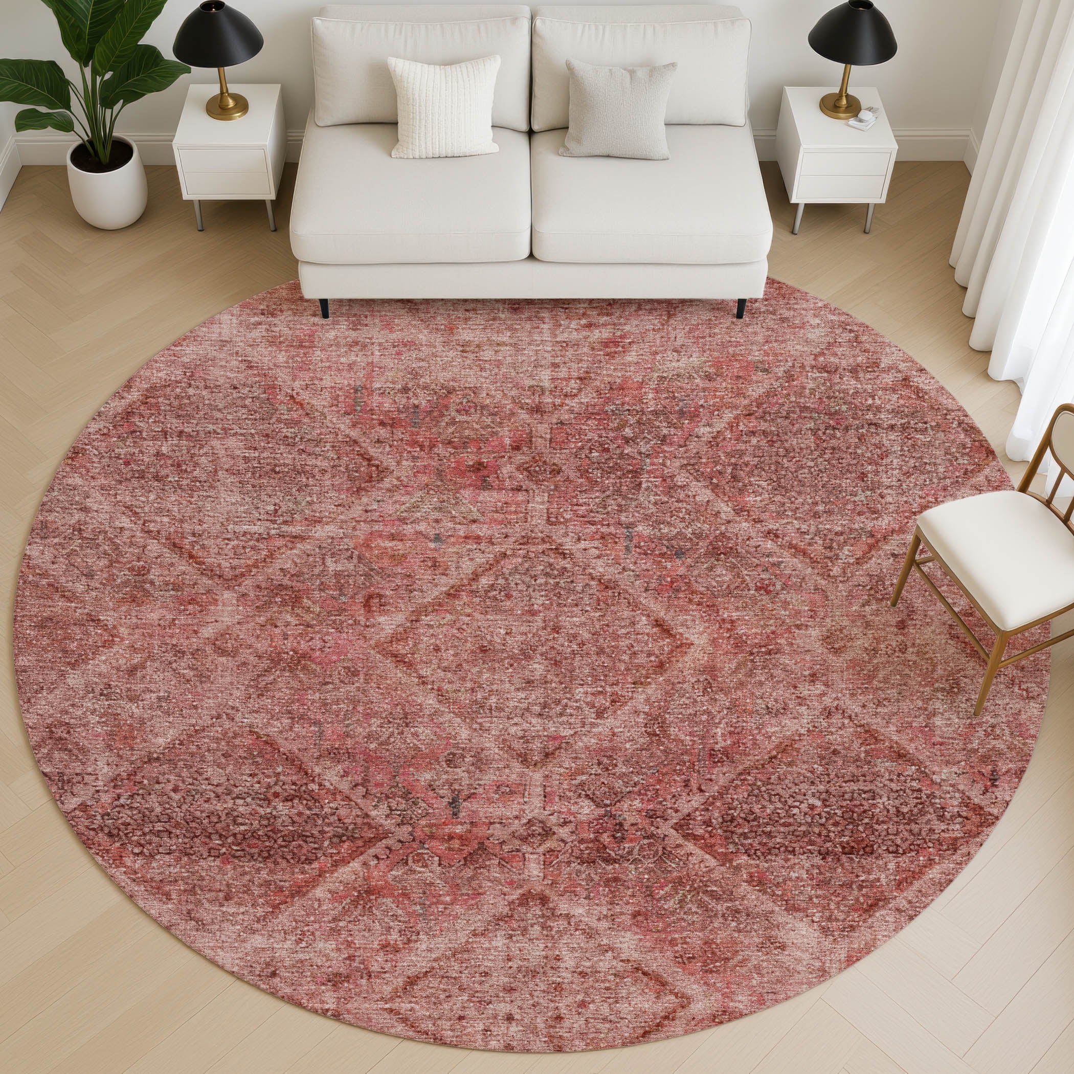 Vienna Machine Washable Transitional Pink Rug 8' x 8' #shape_Round