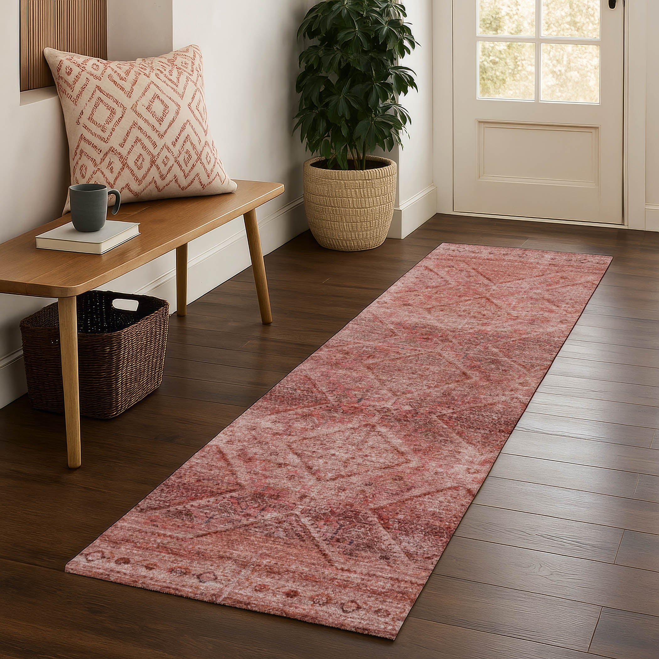 Vienna Machine Washable Transitional Pink Rug 2'3" x 7'6" #shape_Runner