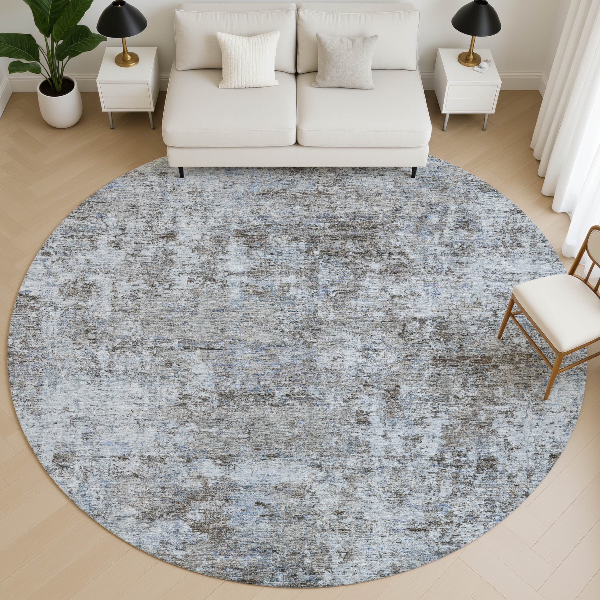 Marrakech Machine Washable Transitional Blue Rug 8' x 8' #shape_Round