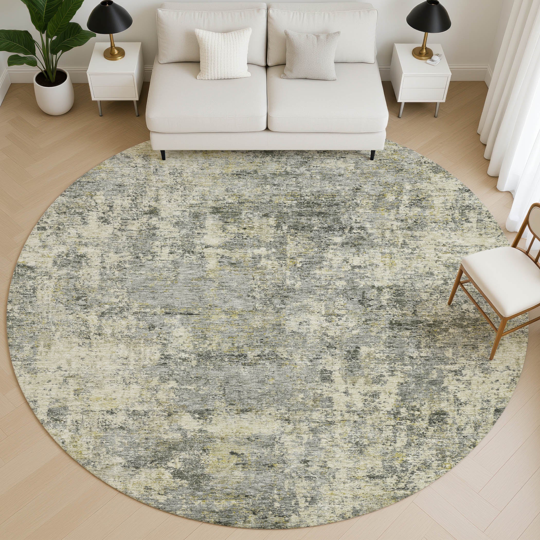 Marrakech Machine Washable Transitional Pewter Gray Rug 8' x 8' #shape_Round