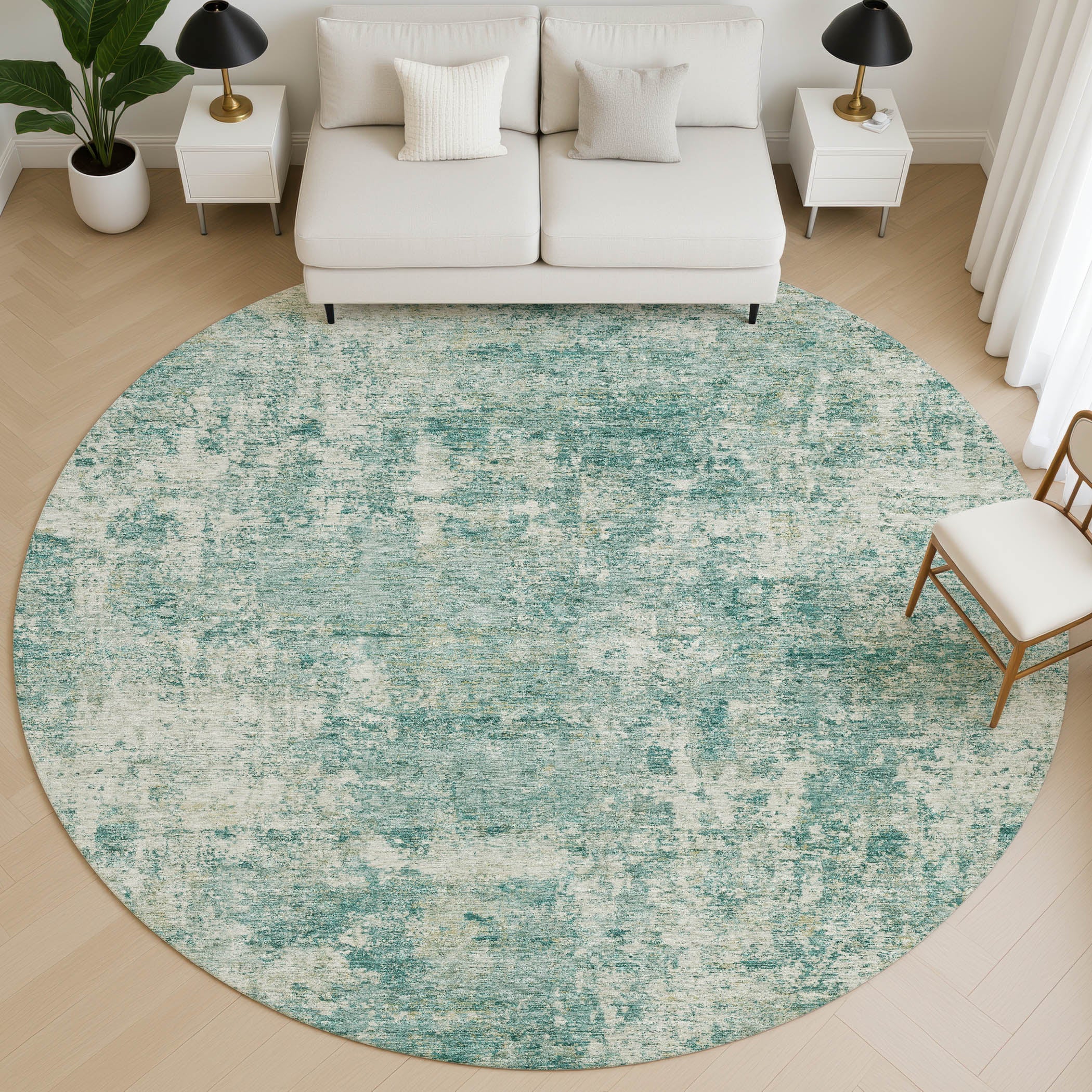 Marrakech Machine Washable Transitional Teal Rug 8' x 8' #shape_Round