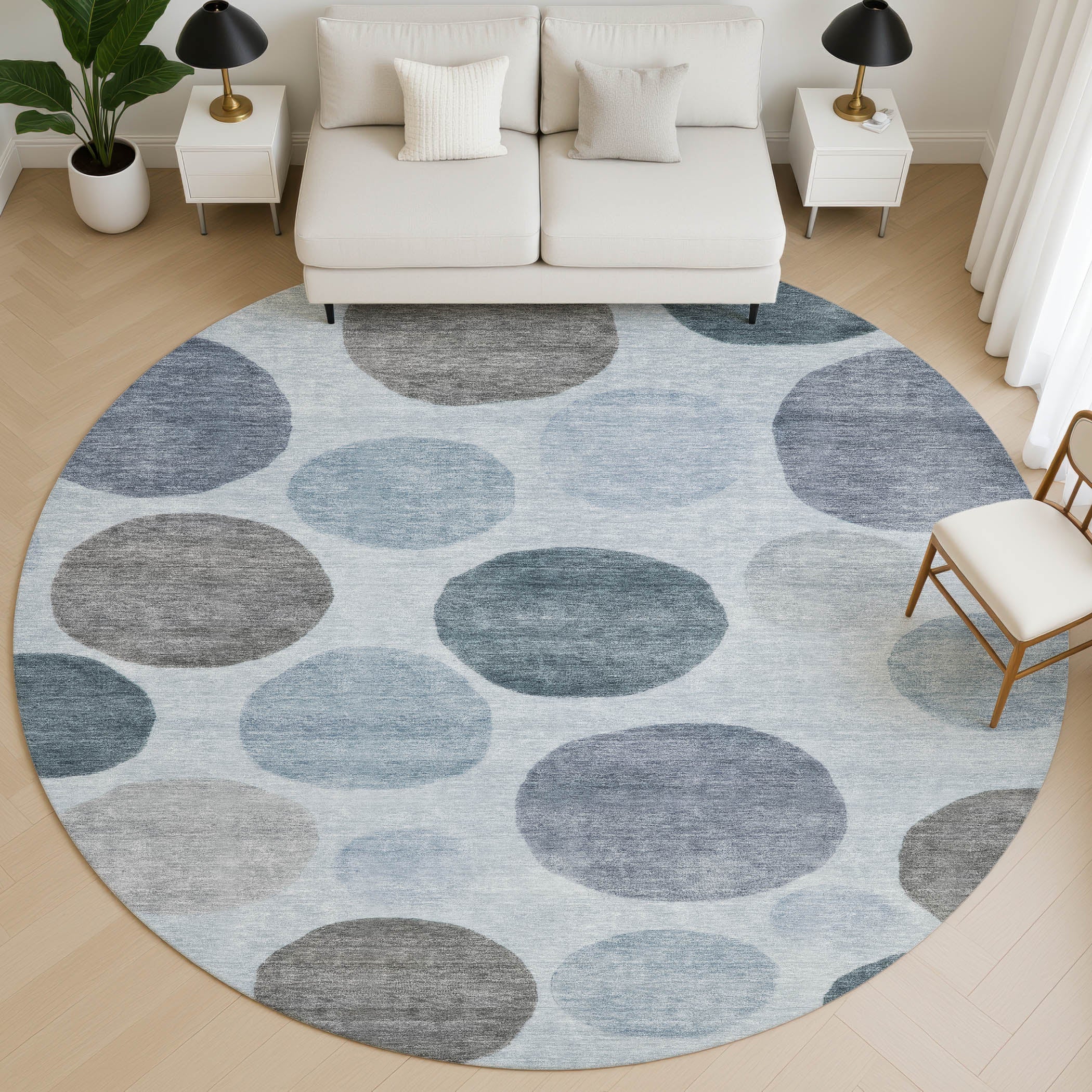 Vienna Machine Washable Transitional Blue Rug 8' x 8' #shape_Round