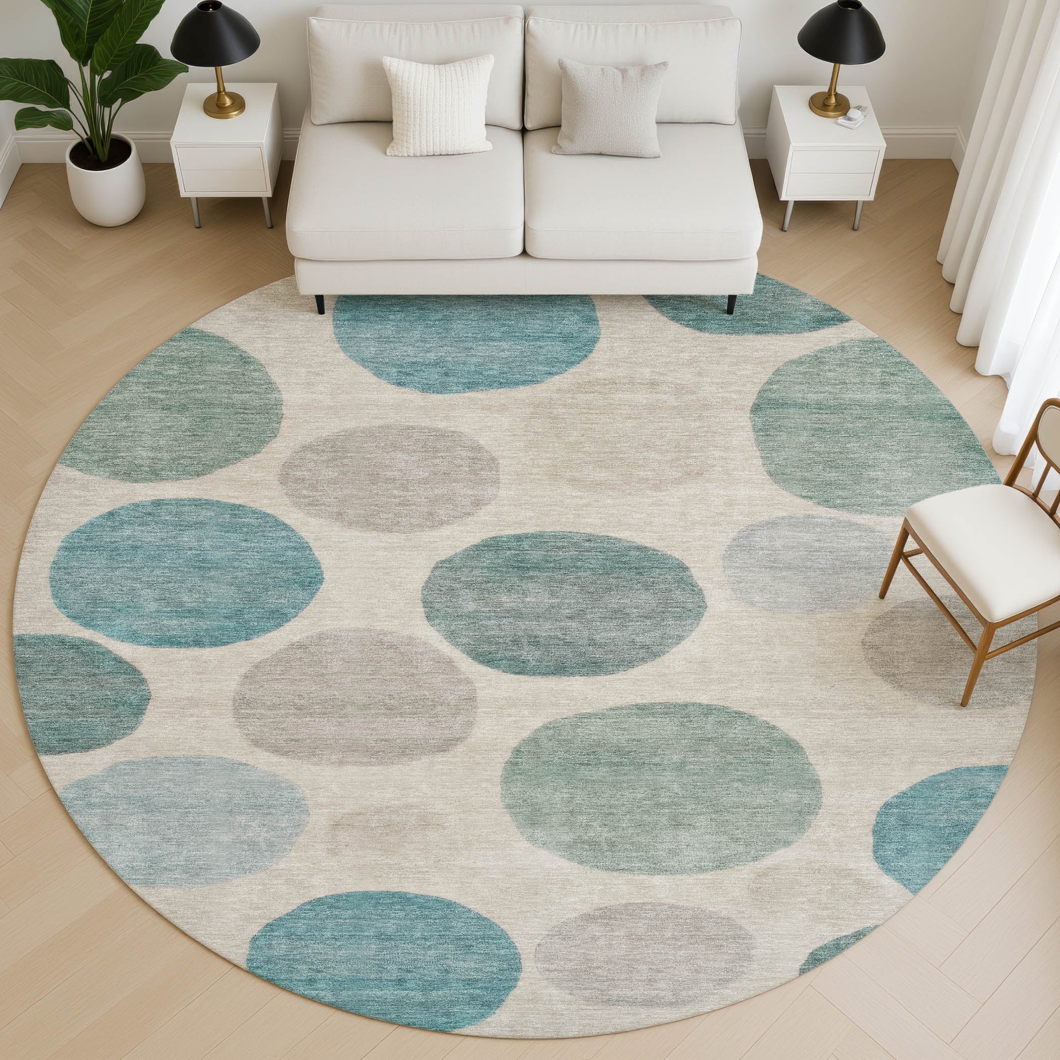 Vienna Machine Washable Transitional Teal Rug 8' x 8' #shape_Round