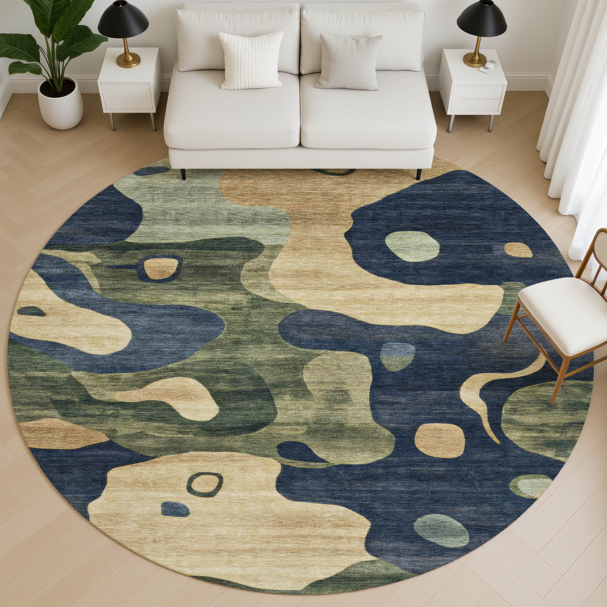 Queenstown Machine Washable Transitional Navy Blue Rug 8' x 8' #shape_Round
