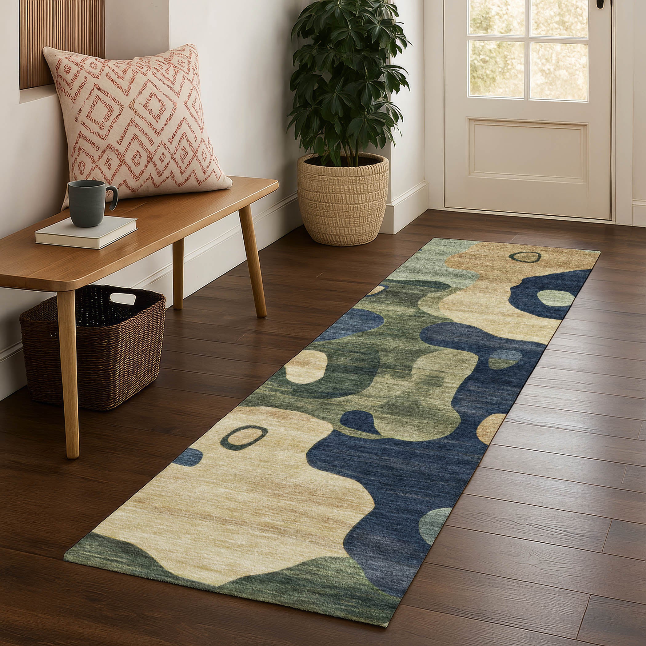 Queenstown Machine Washable Transitional Navy Blue Rug 2'3" x 7'6" #shape_Runner