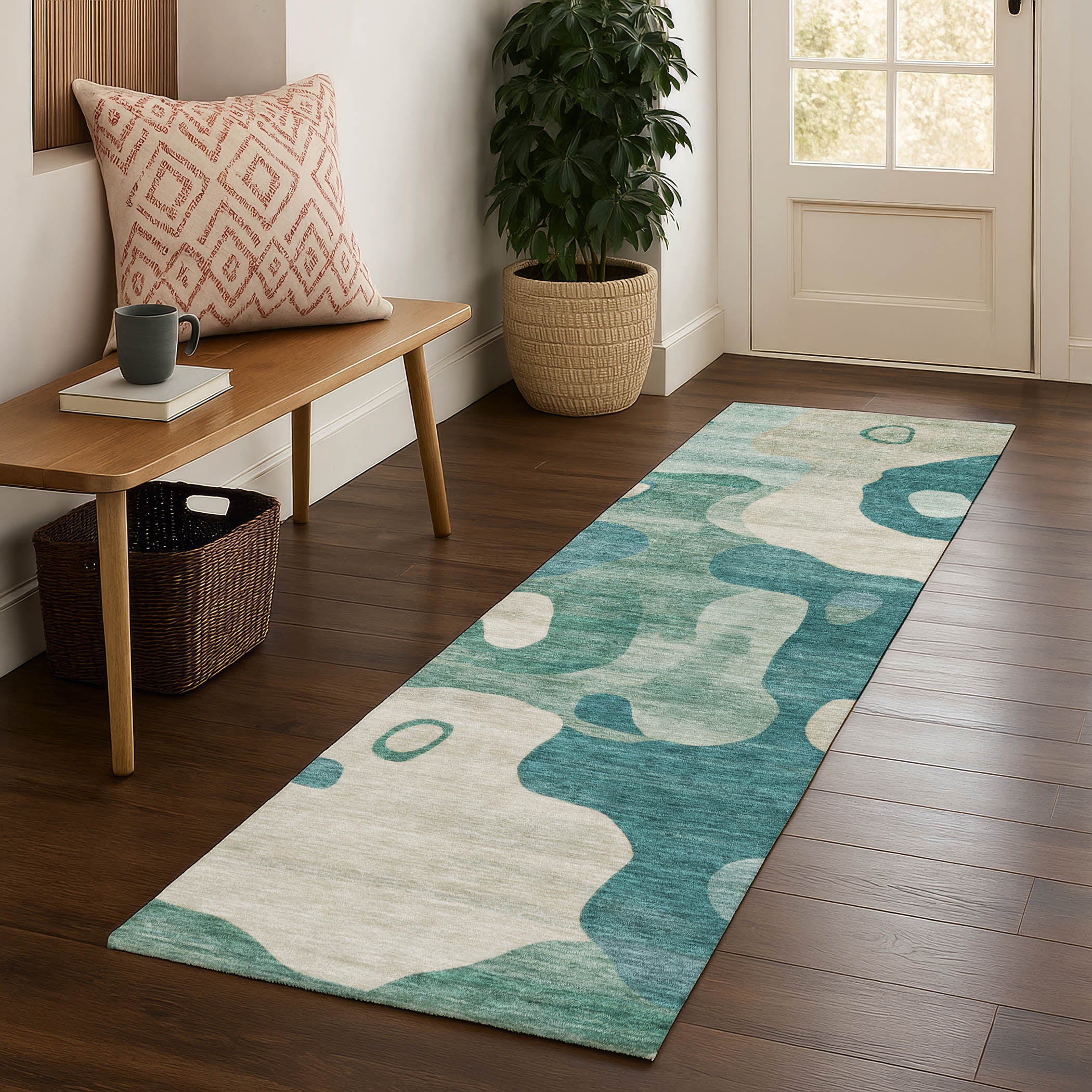 Queenstown Machine Washable Transitional Teal Rug 2'3" x 7'6" #shape_Runner