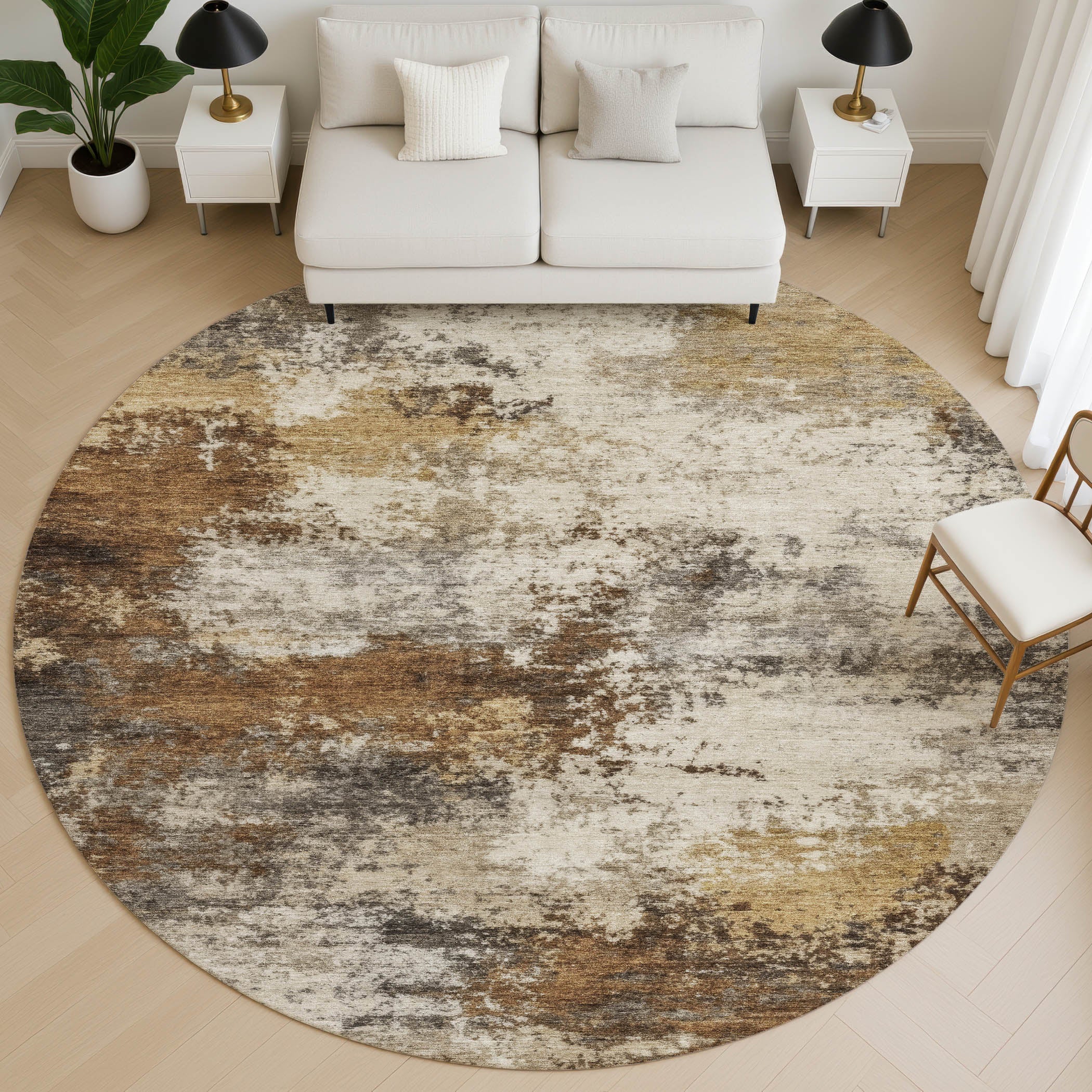 Mdina Machine Washable Transitional Brown Rug 8' x 8' #shape_Round