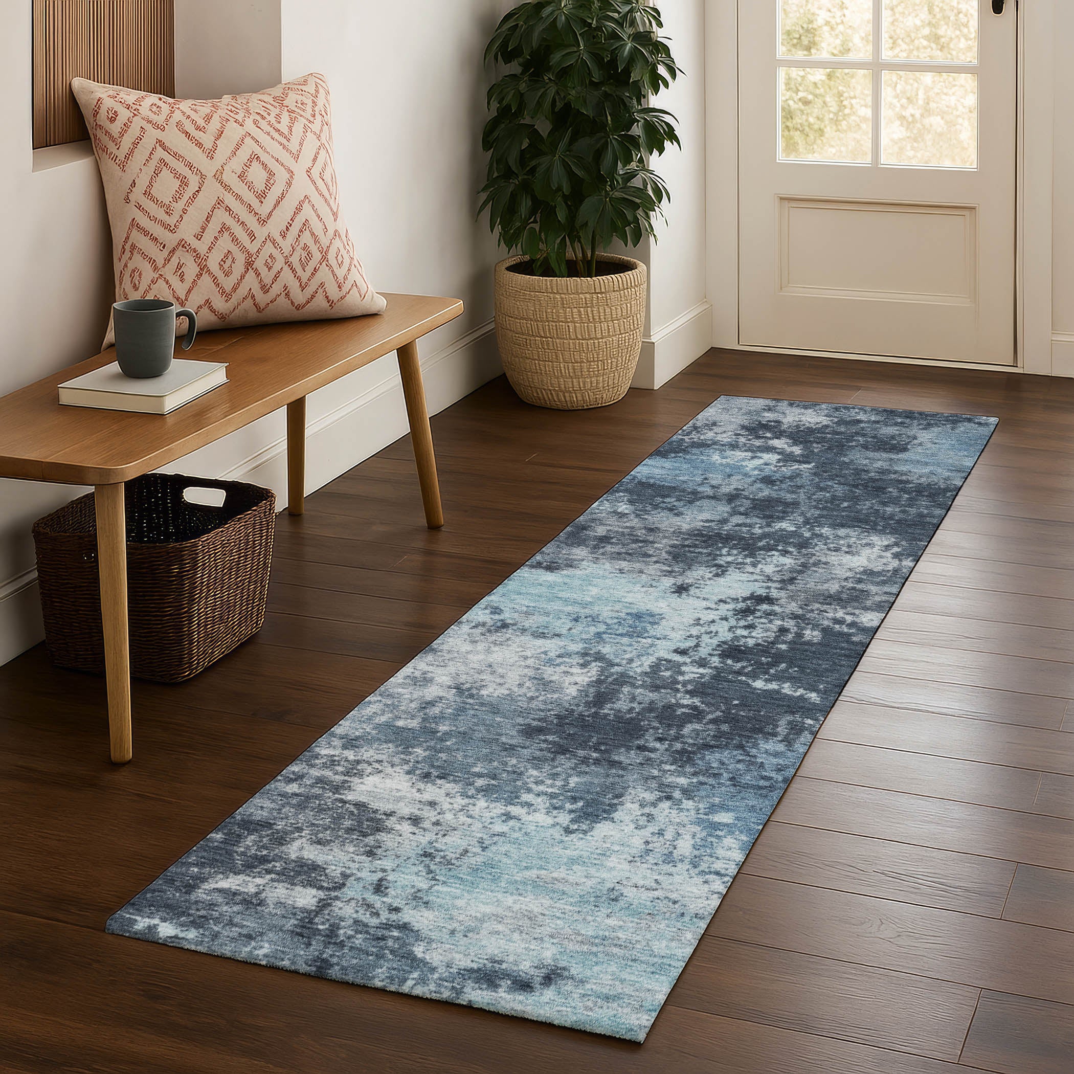 Athens Machine Washable Transitional Blue Rug 2'3" x 7'6" #shape_Runner