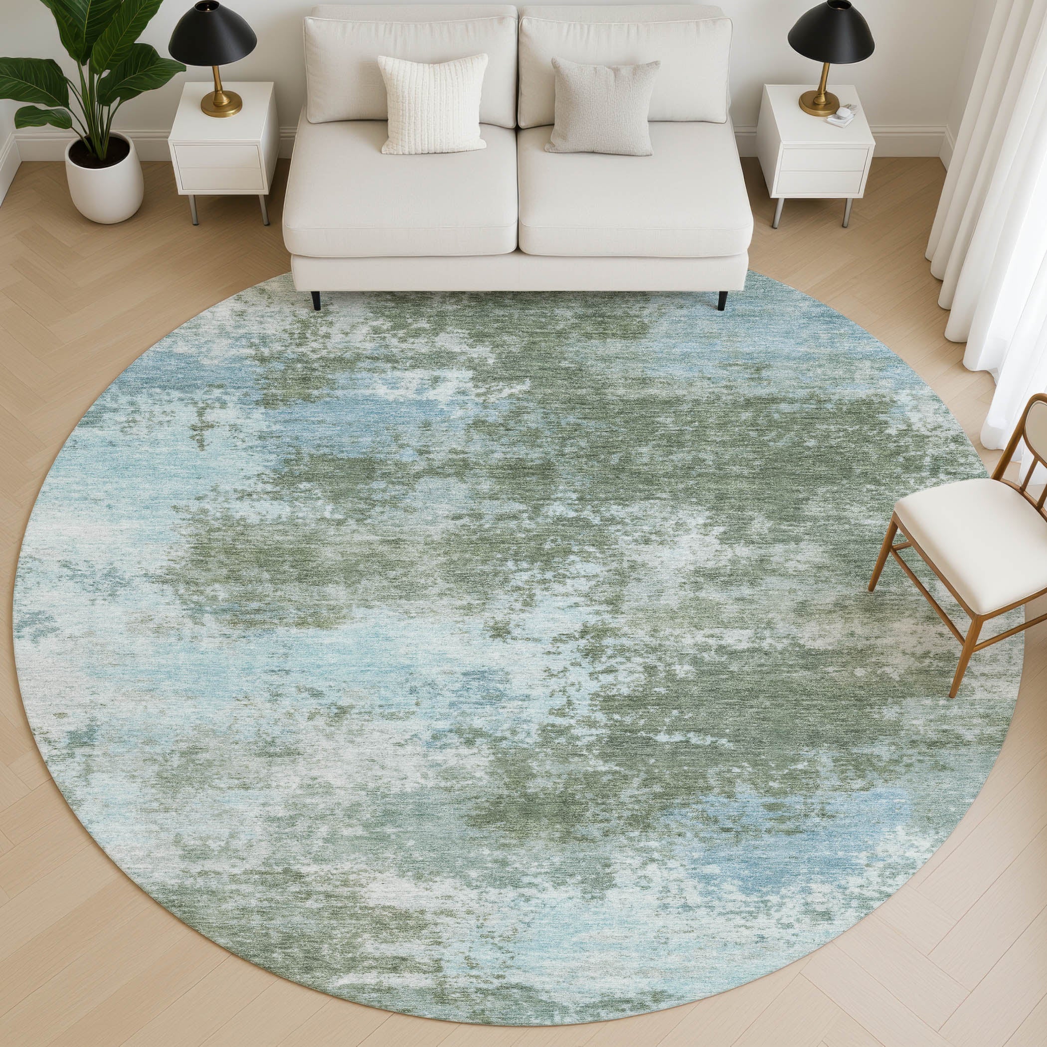 Athens Machine Washable Transitional Sage Green Rug 8' x 8' #shape_Round