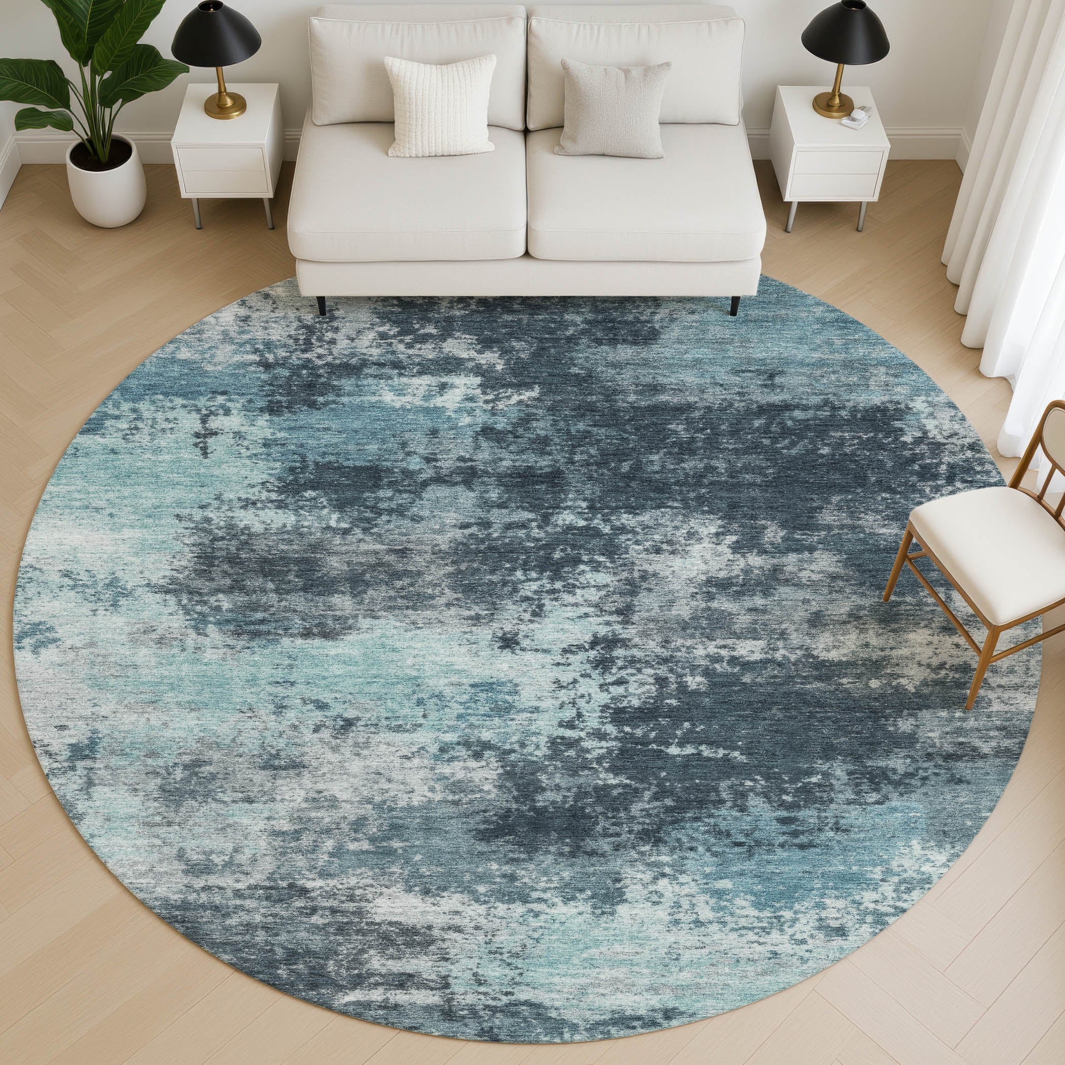 Athens Machine Washable Transitional Teal Rug 8' x 8' #shape_Round
