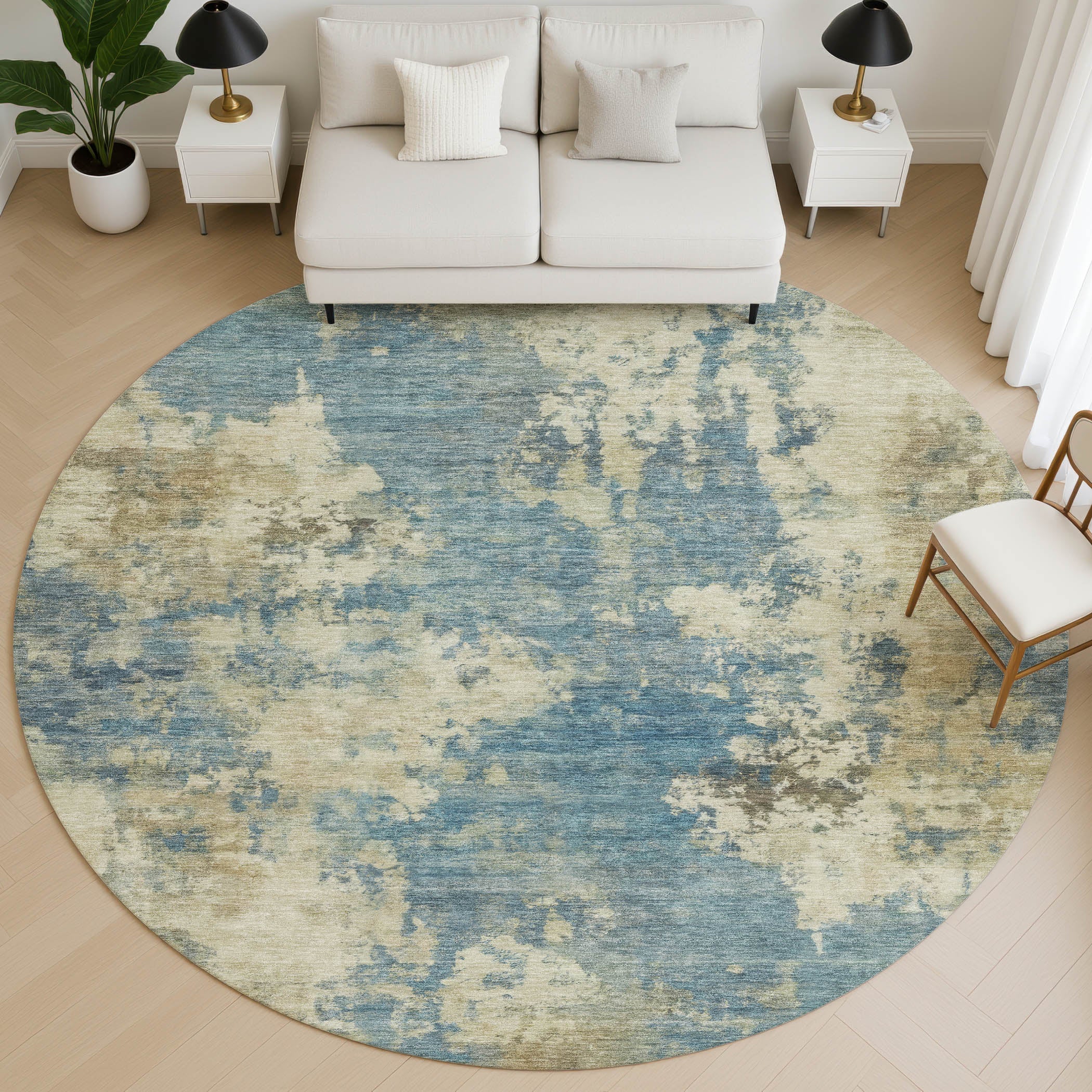 Seoul Machine Washable Transitional Blue Rug 8' x 8' #shape_Round