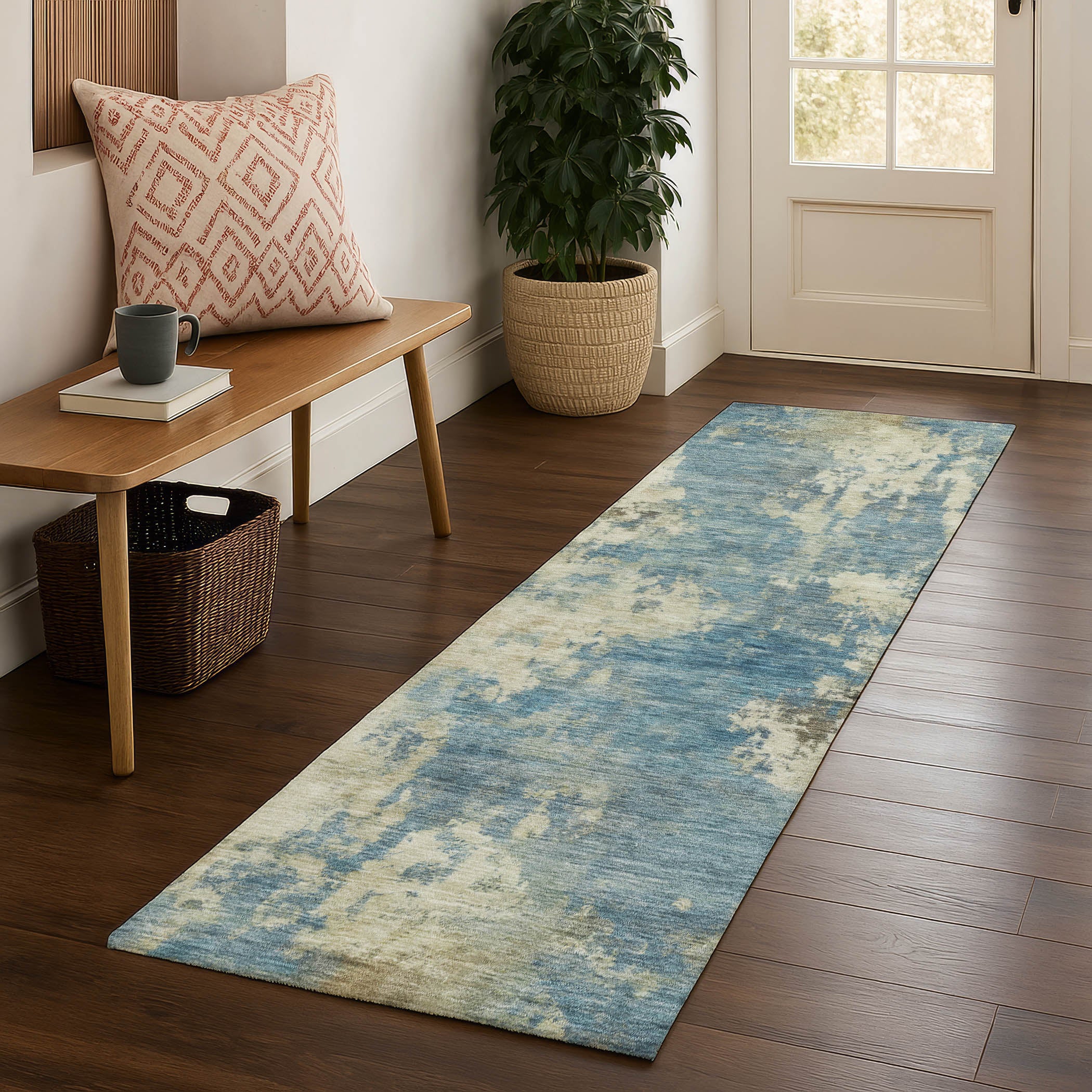 Seoul Machine Washable Transitional Blue Rug 2'3" x 7'6" #shape_Runner
