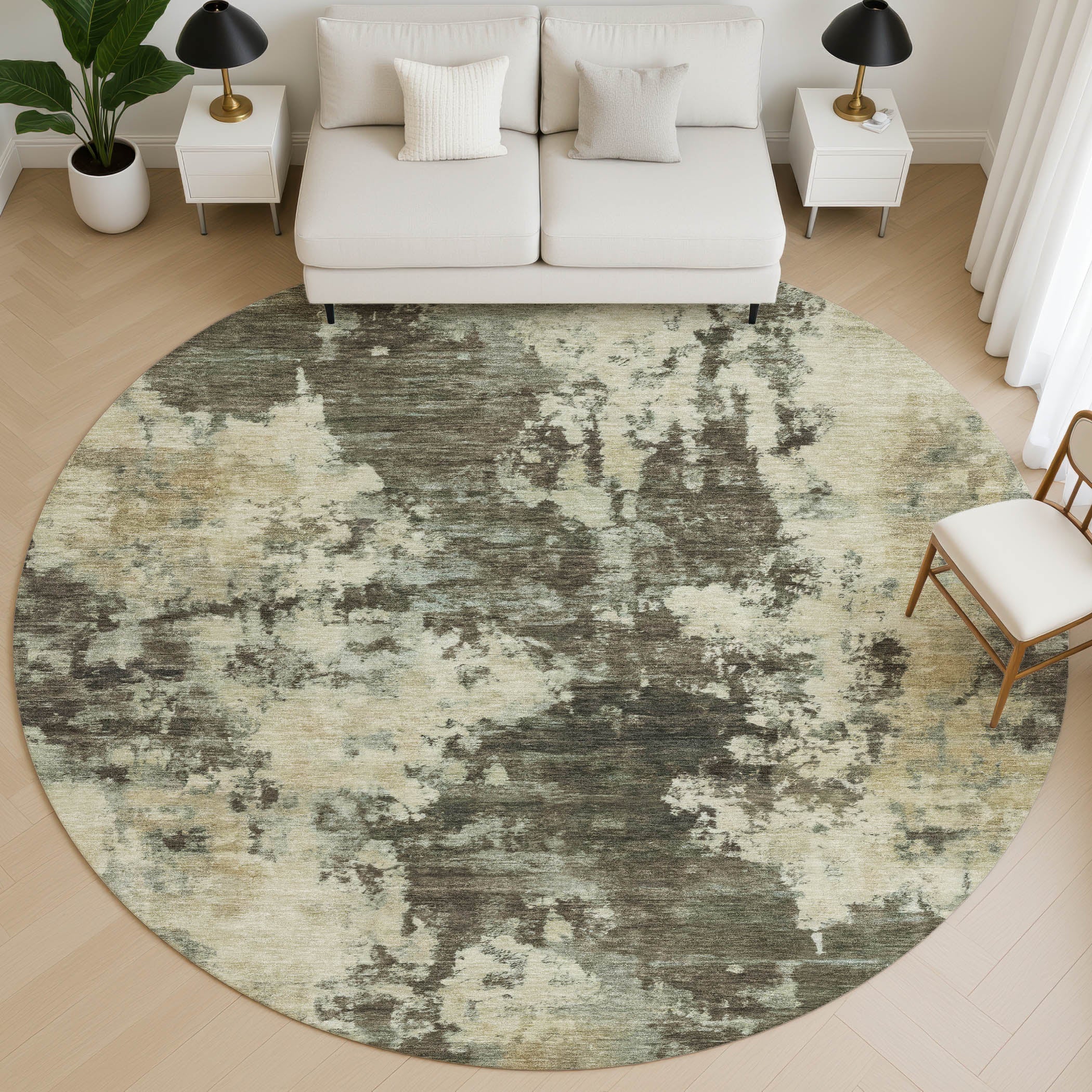 Seoul Machine Washable Transitional Brown Rug 8' x 8' #shape_Round