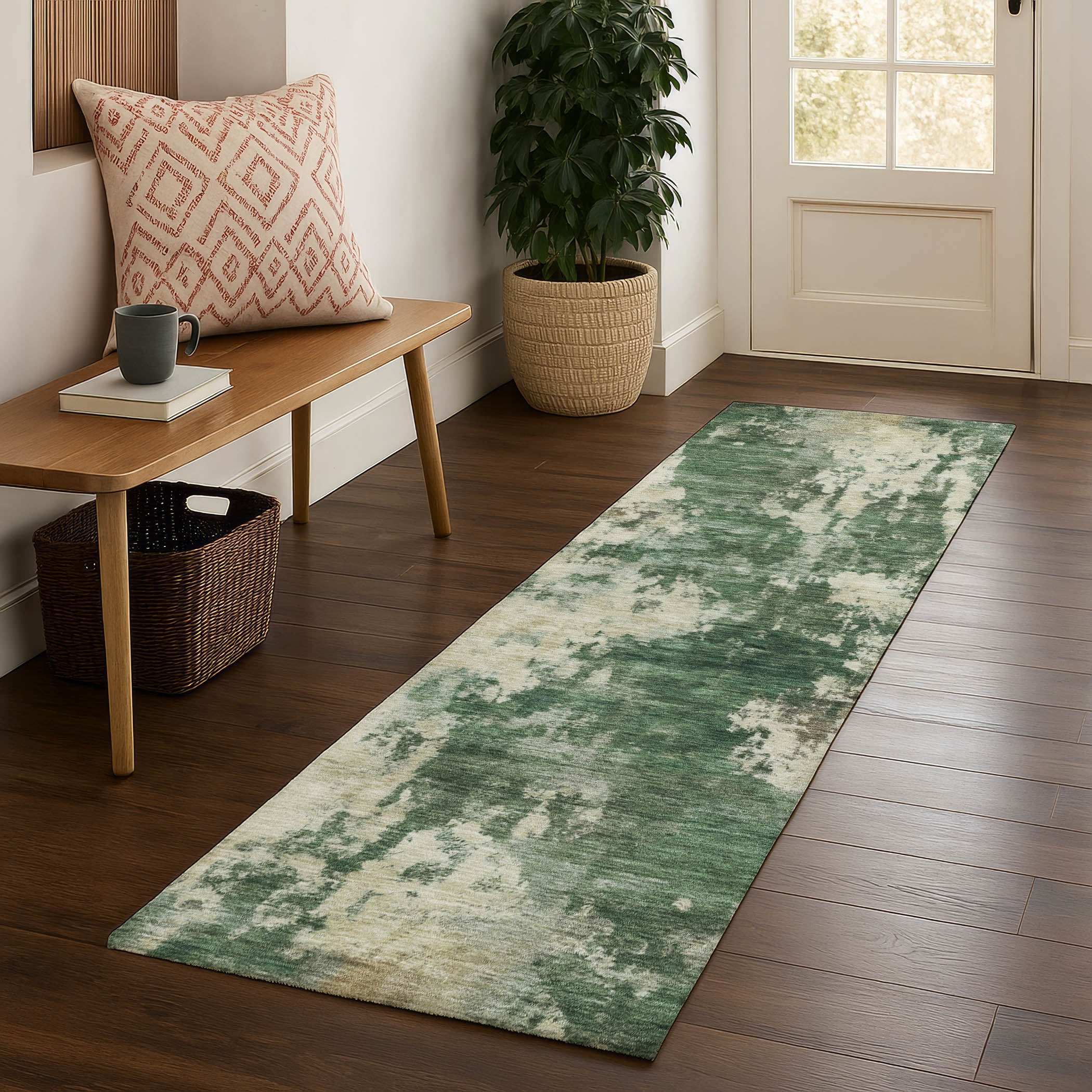 Seoul Machine Washable Transitional Fern Green Rug 2'3" x 7'6" #shape_Runner
