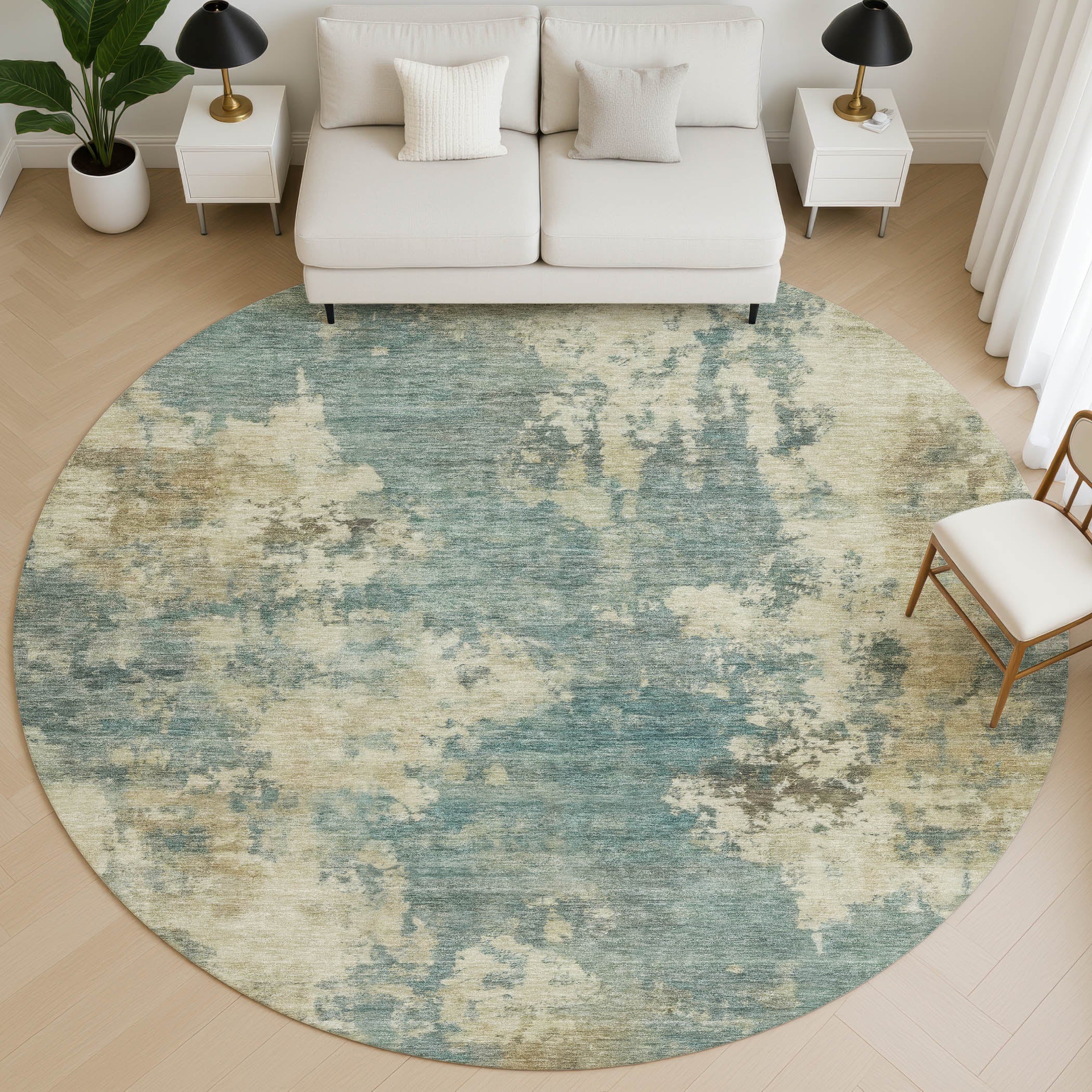 Seoul Machine Washable Transitional Teal Rug 8' x 8' #shape_Round