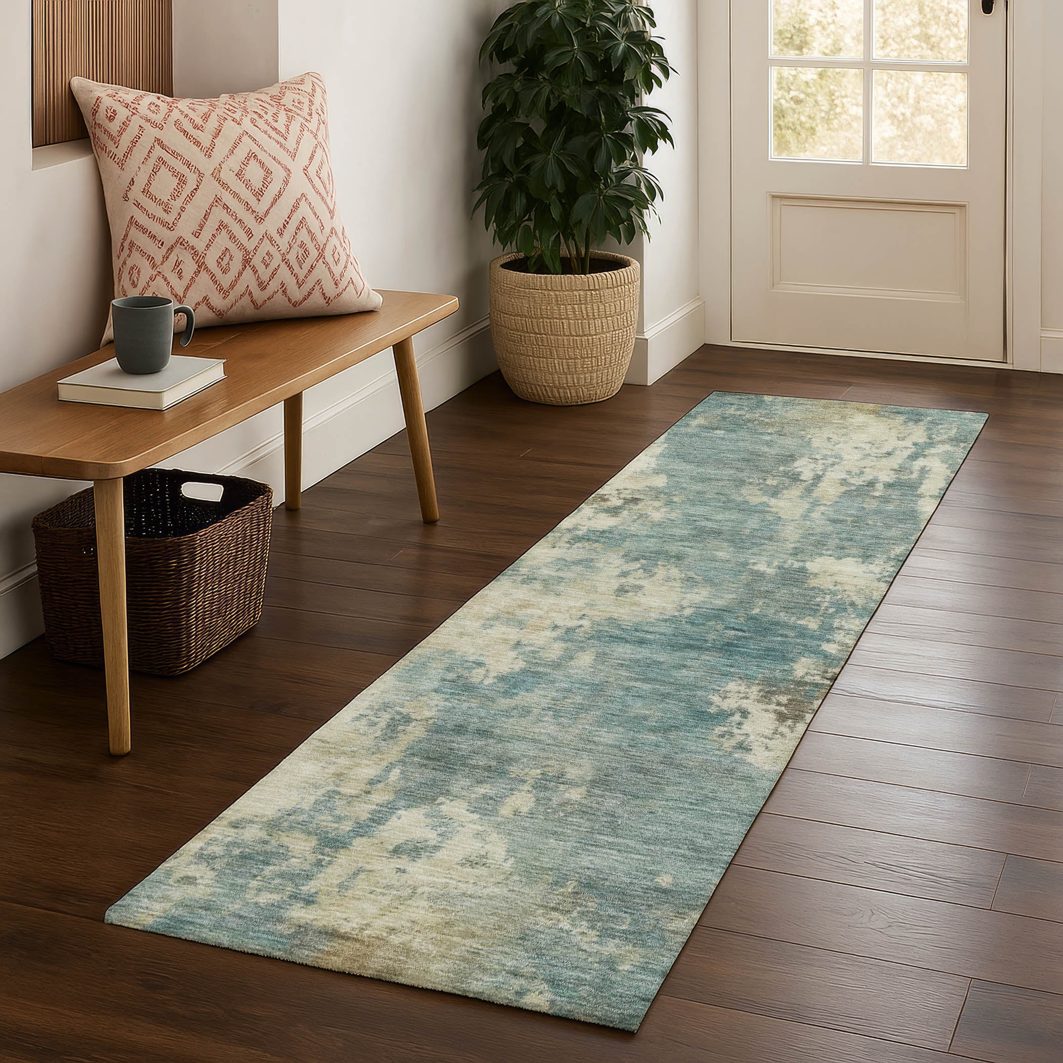 Seoul Machine Washable Transitional Teal Rug 2'3" x 7'6" #shape_Runner