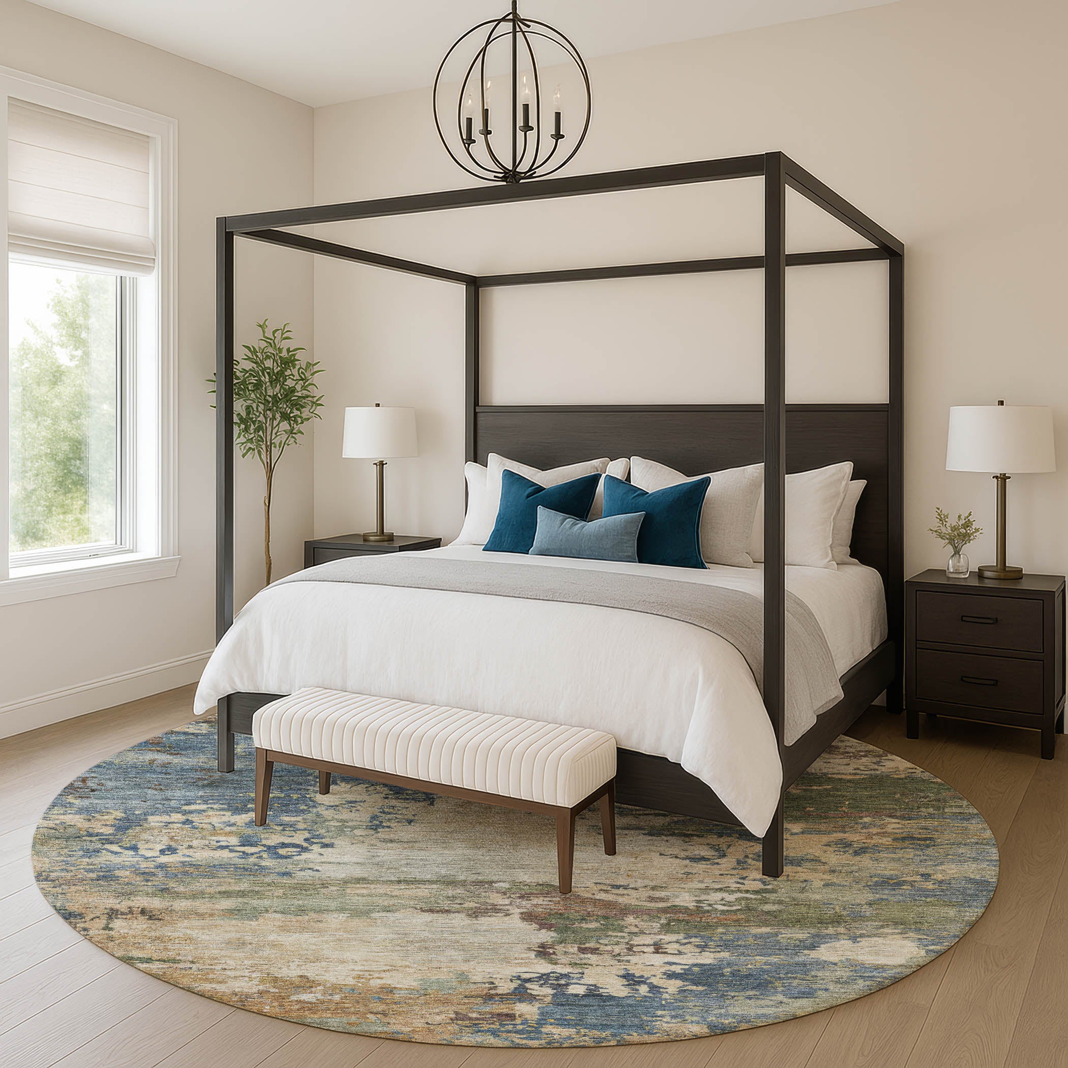 Bangkok Machine Washable Transitional Blue Rug 8' x 8' #shape_Round