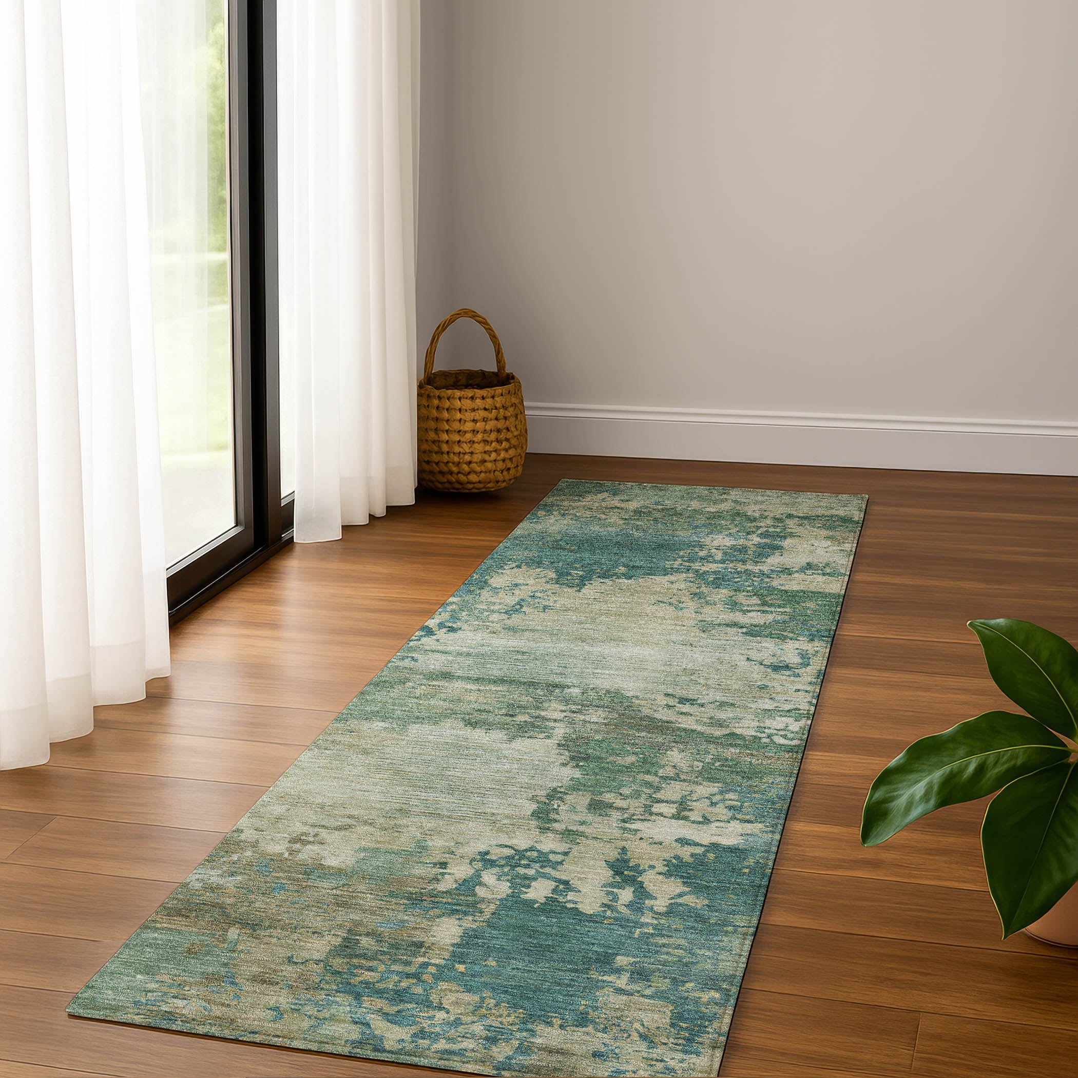Bangkok Machine Washable Transitional Teal Rug 2'3" x 7'6" #shape_Runner