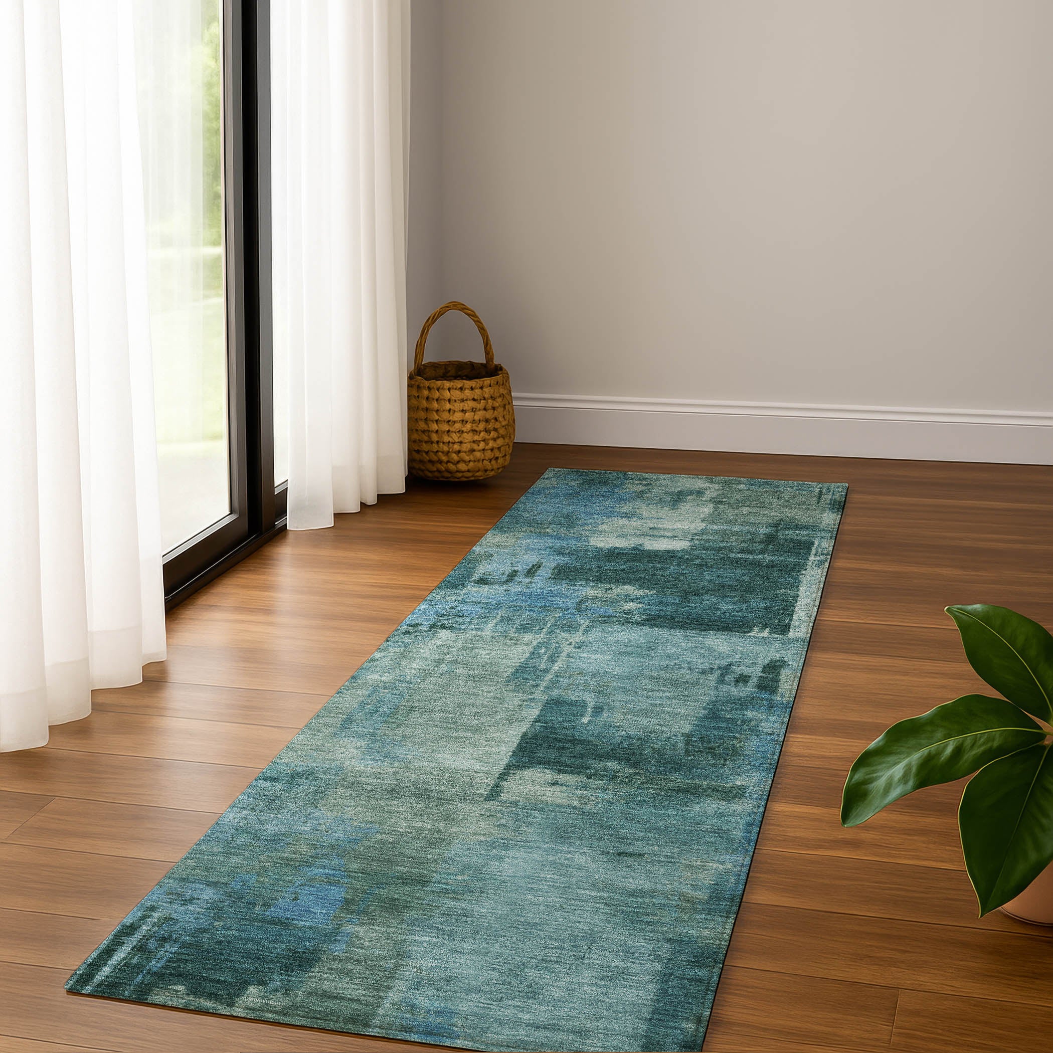 Seville Machine Washable Transitional Teal Rug 2'3" x 7'6" #shape_Runner