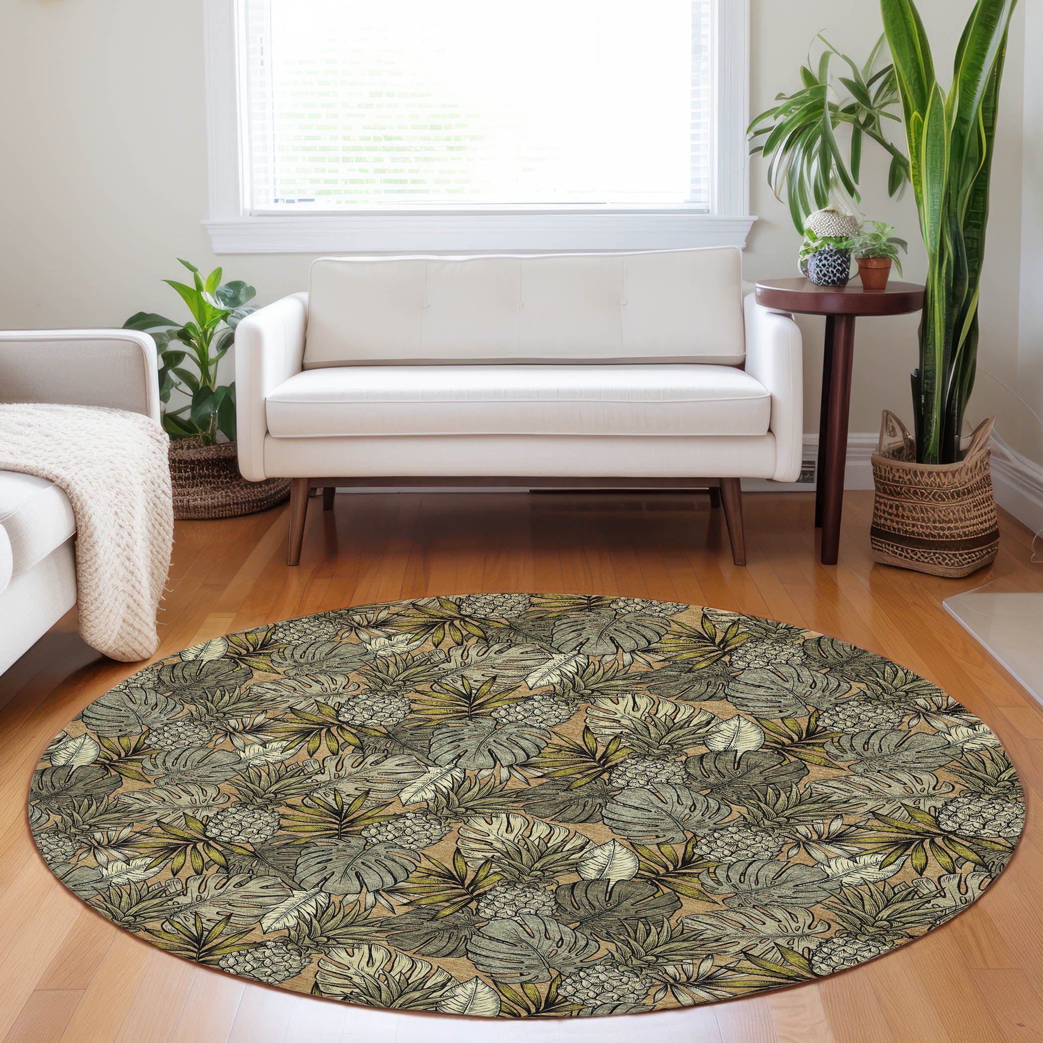 Chiang Mai Machine Washable Tropical Baja Brown Rug 8' x 8' #shape_Round