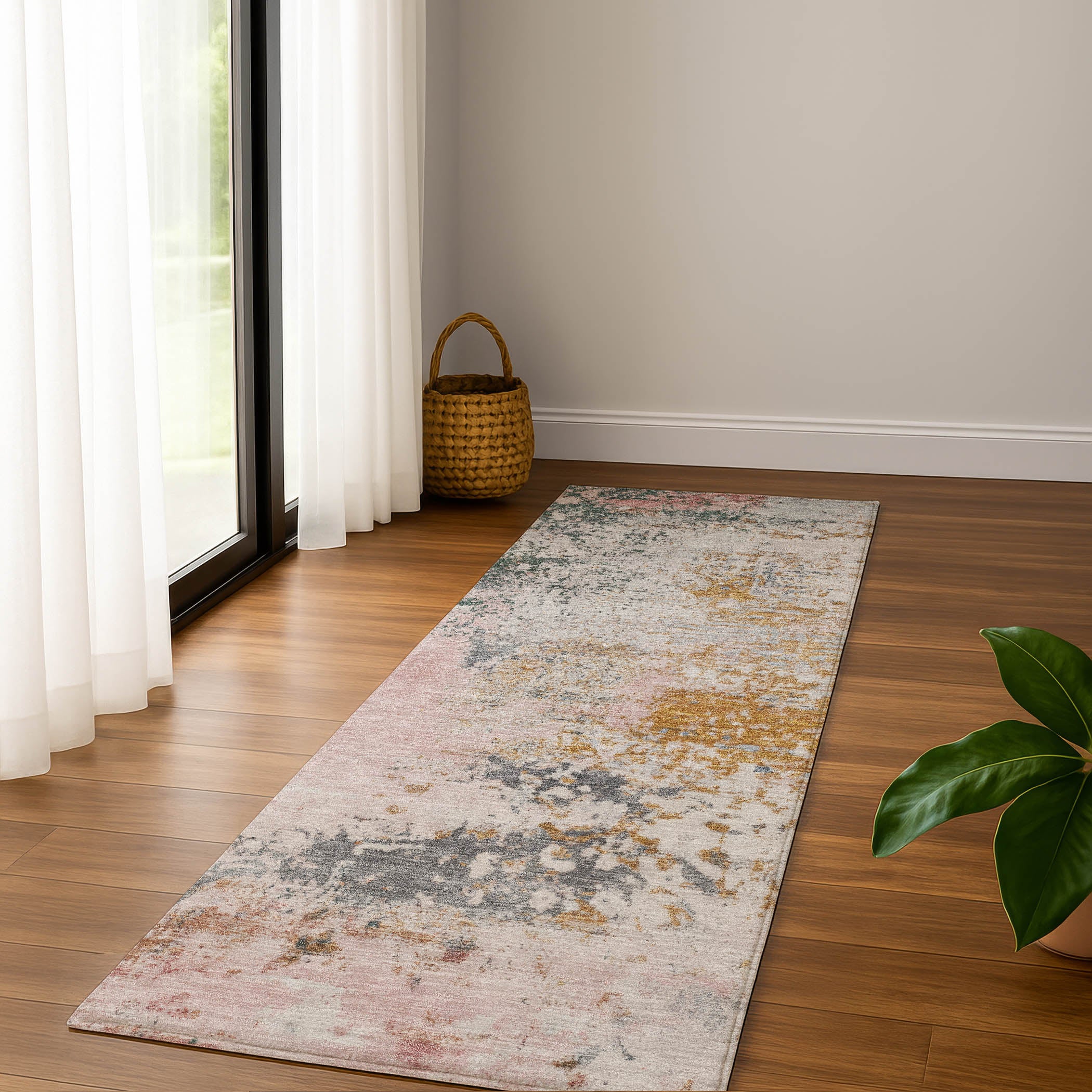 Santorini Machine Washable Transitional Pink Rug 2'3" x 7'6" #shape_Runner