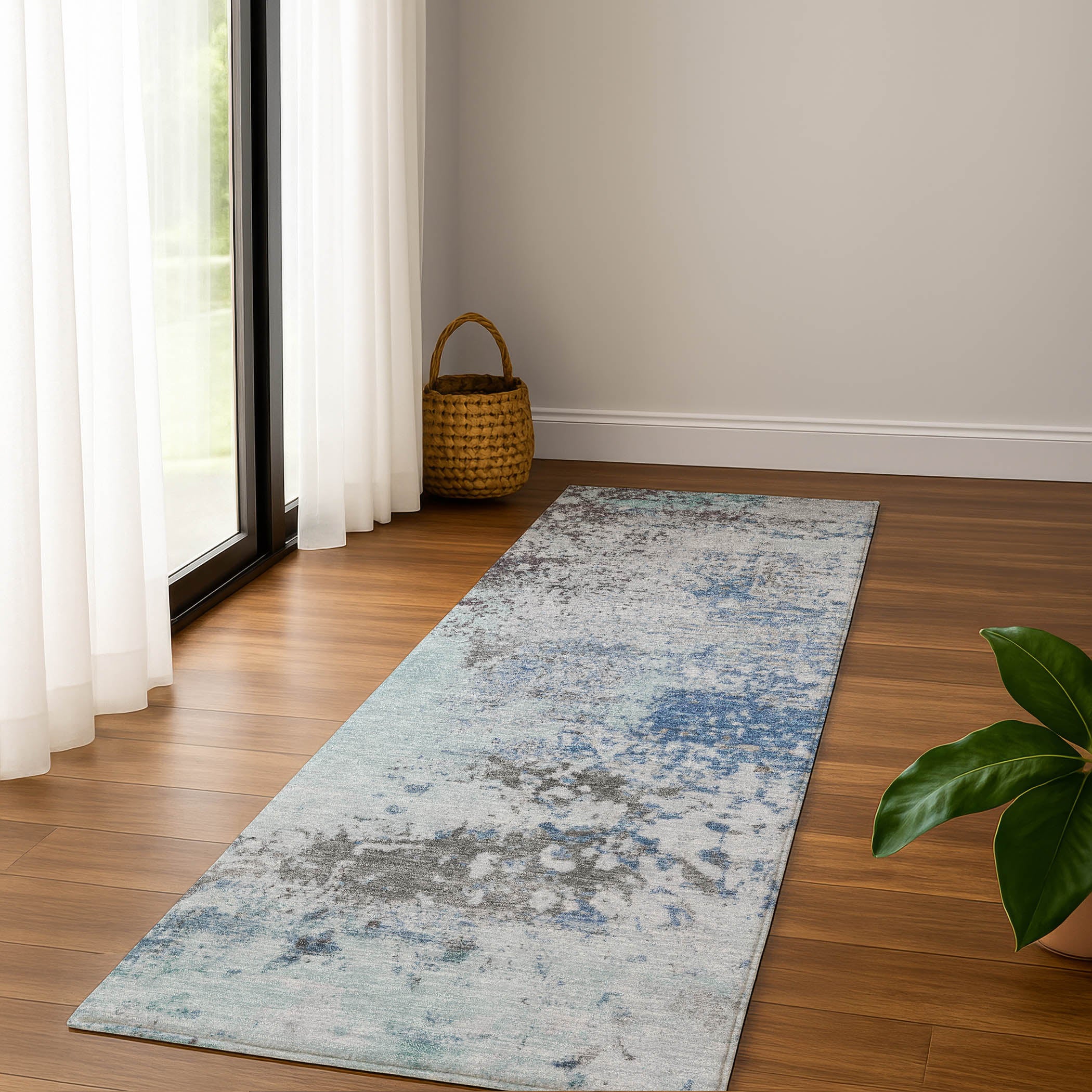 Santorini Machine Washable Transitional Turquoise Teal Rug 2'3" x 7'6" #shape_Runner