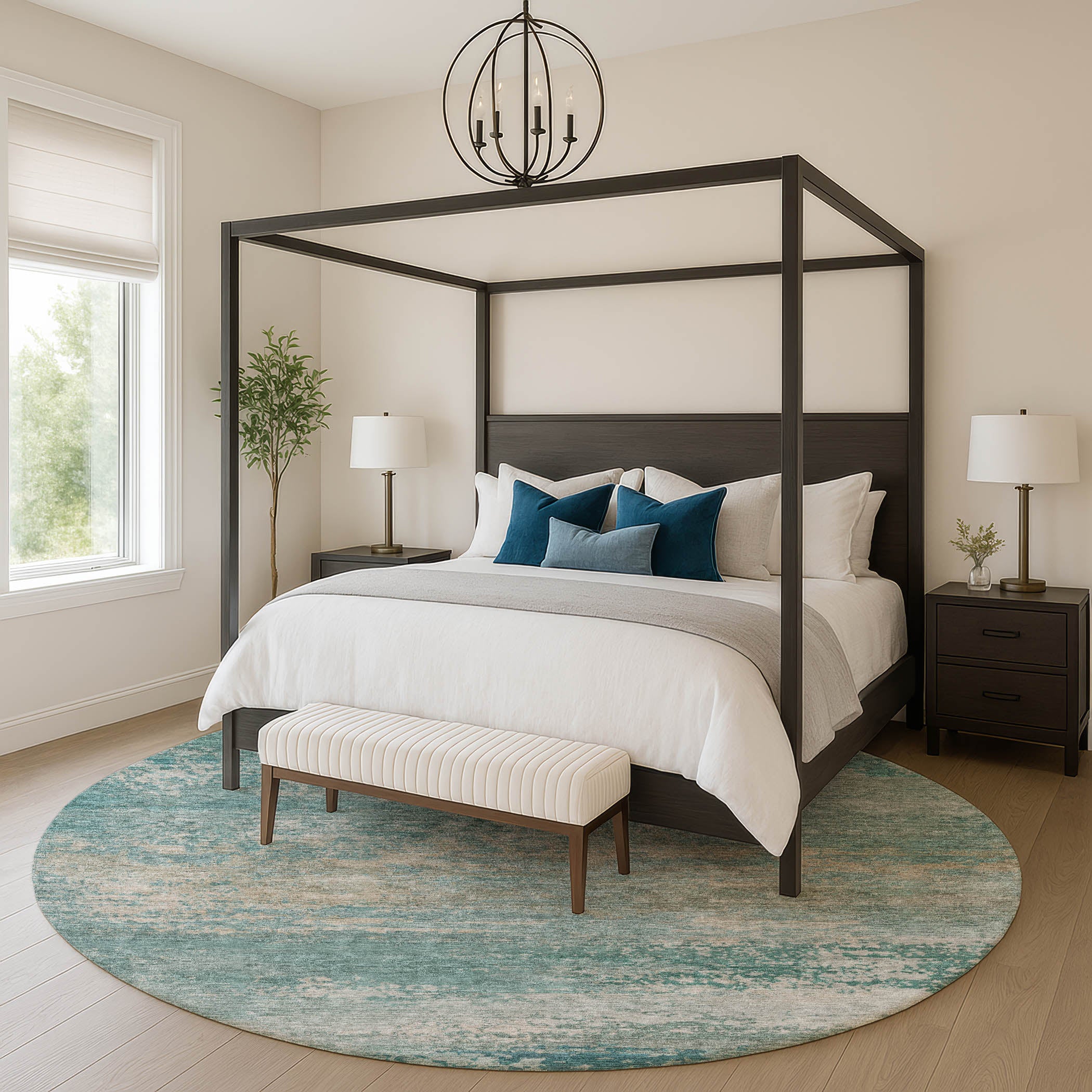 Chiang Mai Machine Washable Transitional Aqua Teal Rug 8' x 8' #shape_Round