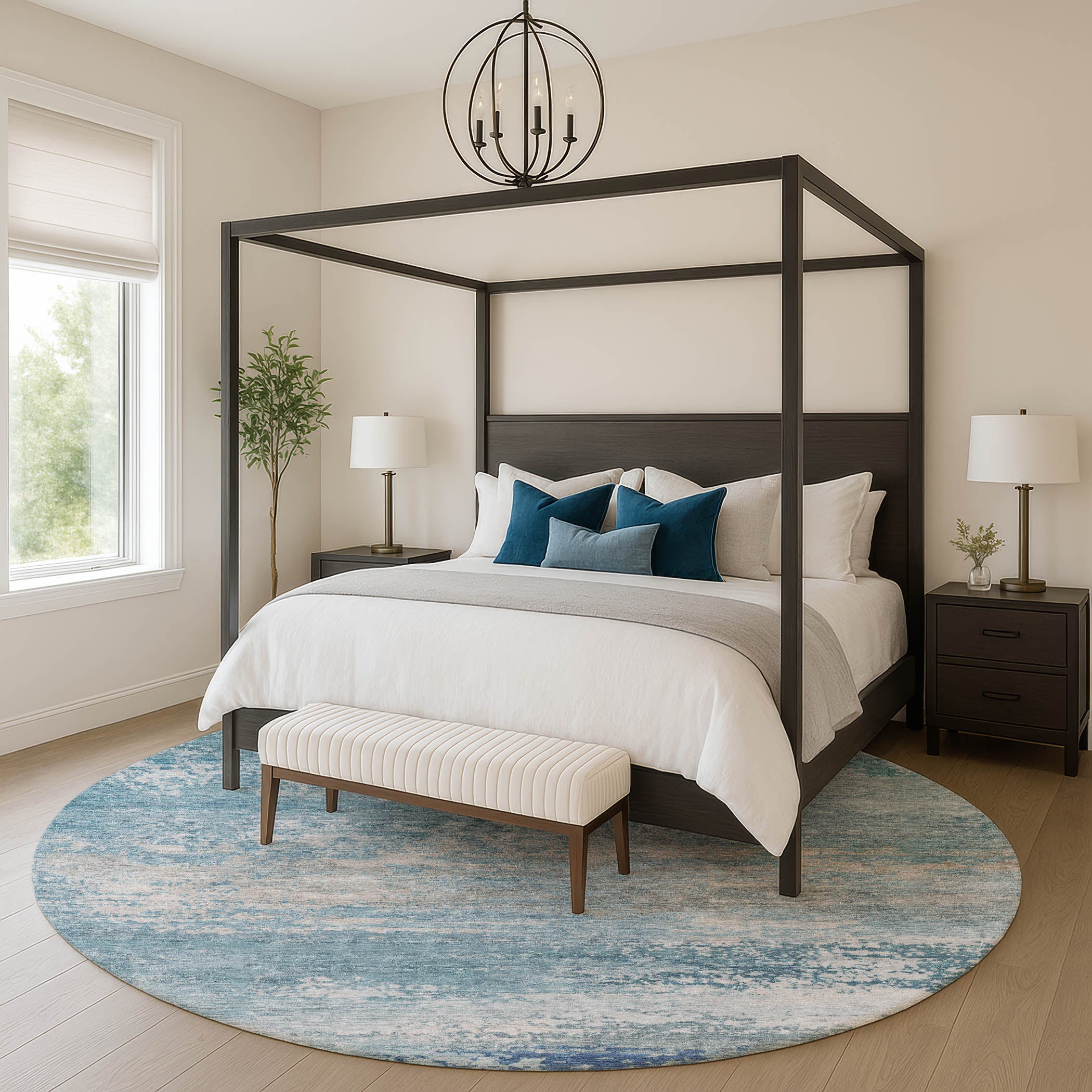 Chiang Mai Machine Washable Transitional Sky Blue Rug 8' x 8' #shape_Round