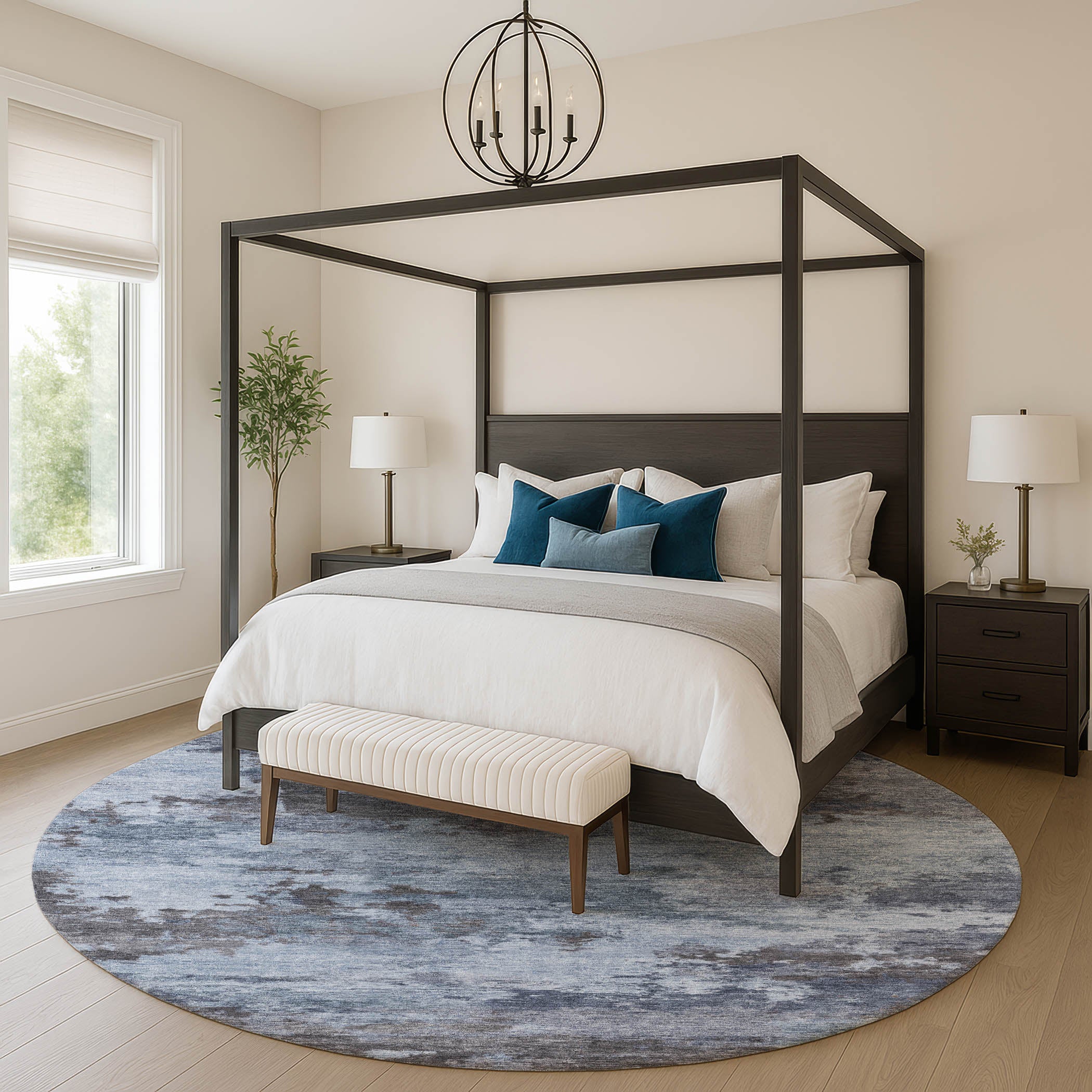 Seoul Machine Washable Transitional Blue Rug 8' x 8' #shape_Round