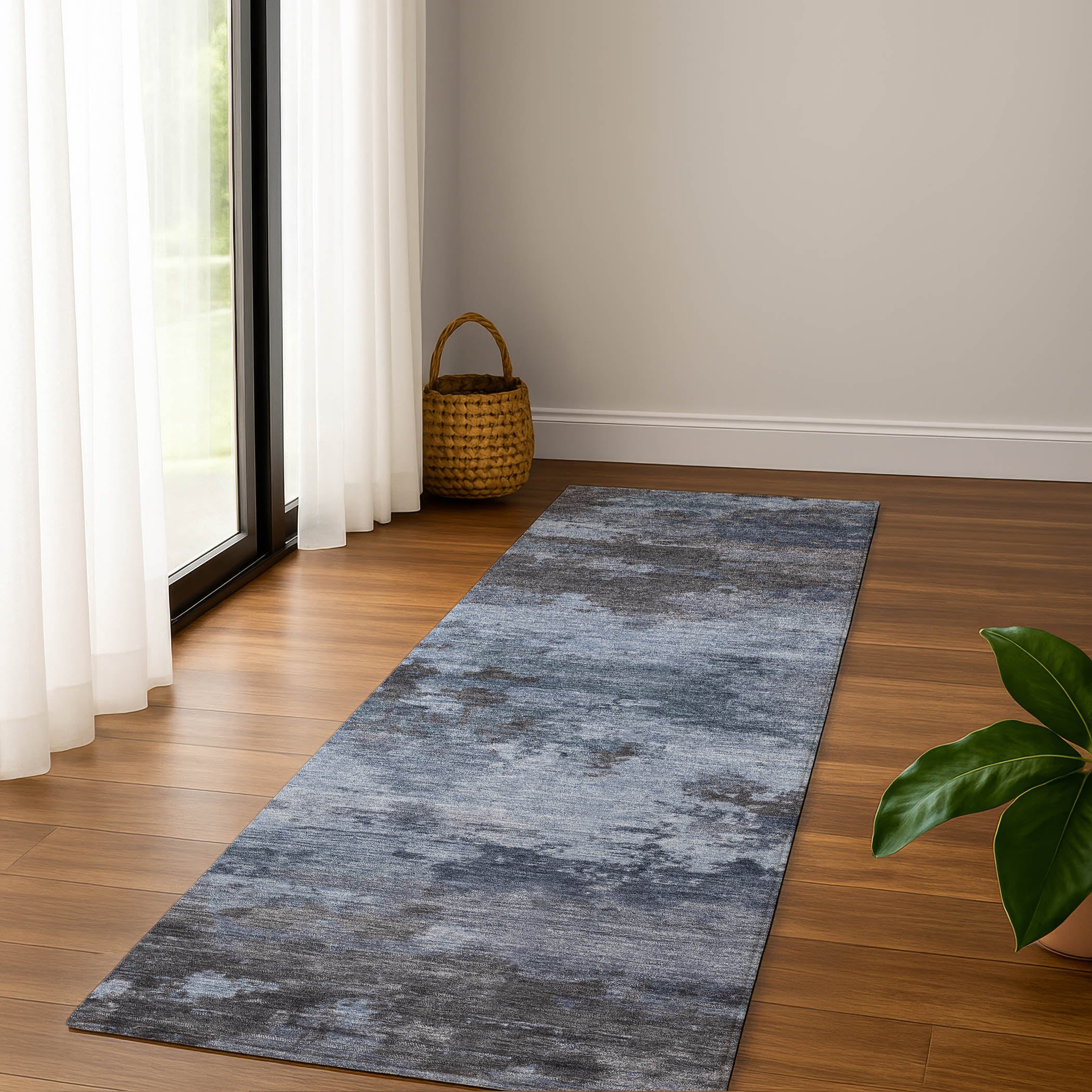 Seoul Machine Washable Transitional Blue Rug 2'3" x 7'6" #shape_Runner