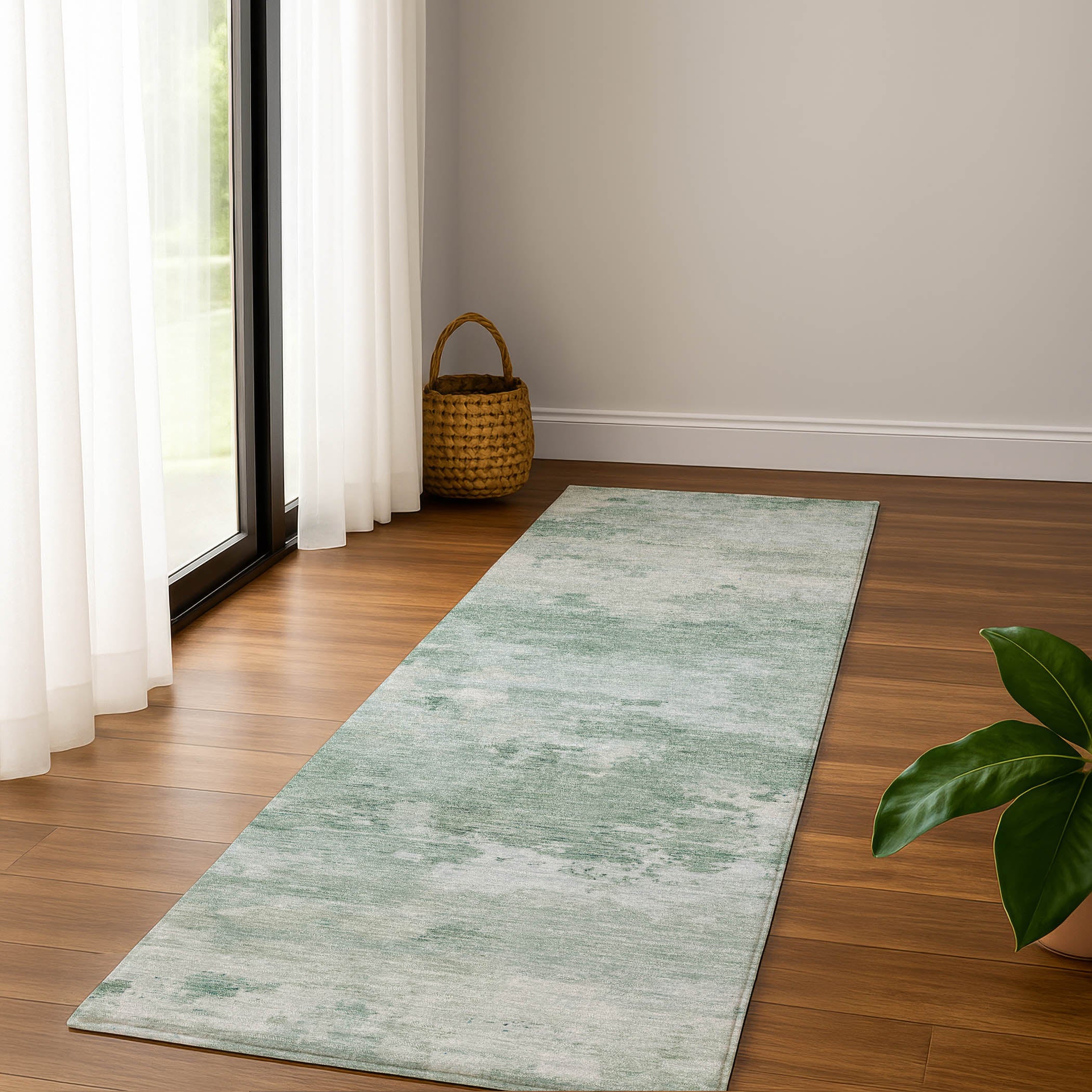 Seoul Machine Washable Transitional Mint Green Rug 2'3" x 7'6" #shape_Runner