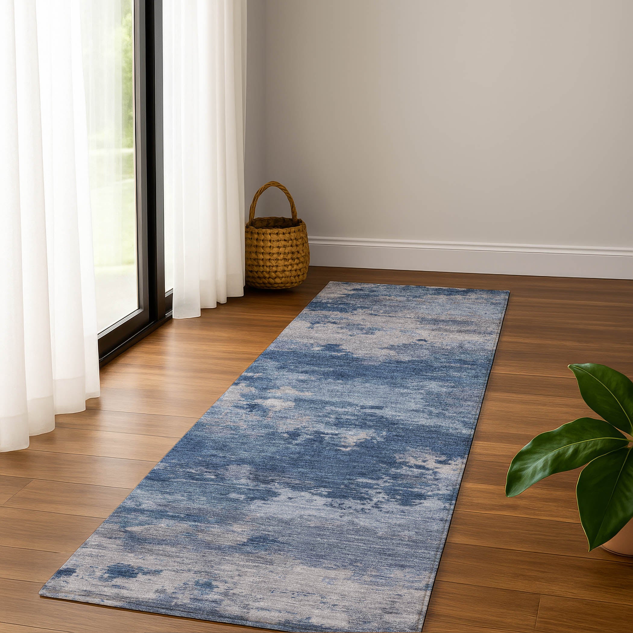 Seoul Machine Washable Transitional Navy Blue Rug 2'3" x 7'6" #shape_Runner
